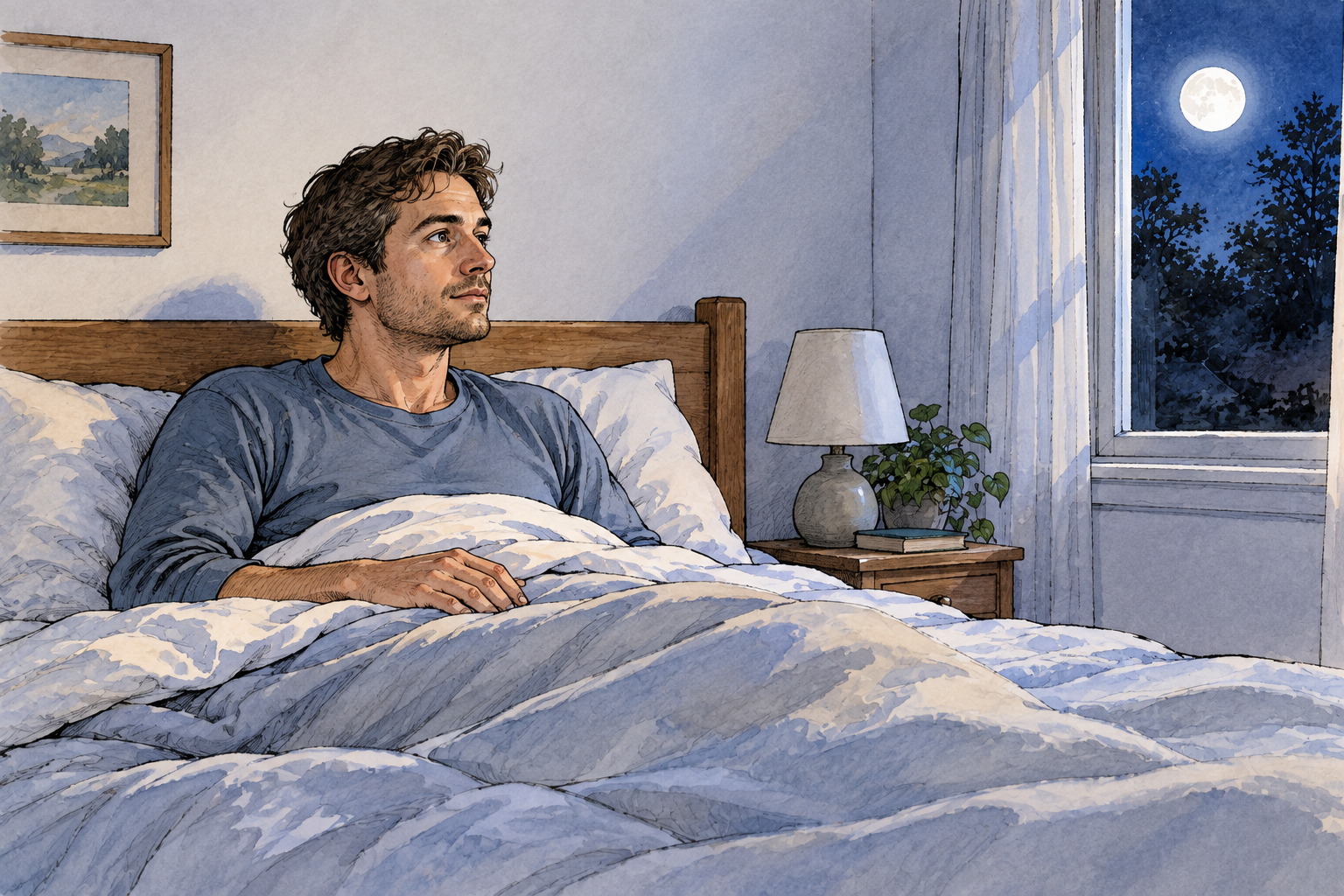 An adult sits awake in bed with open alert eyes, moonlight outside and quiet room, conscious surroundings.