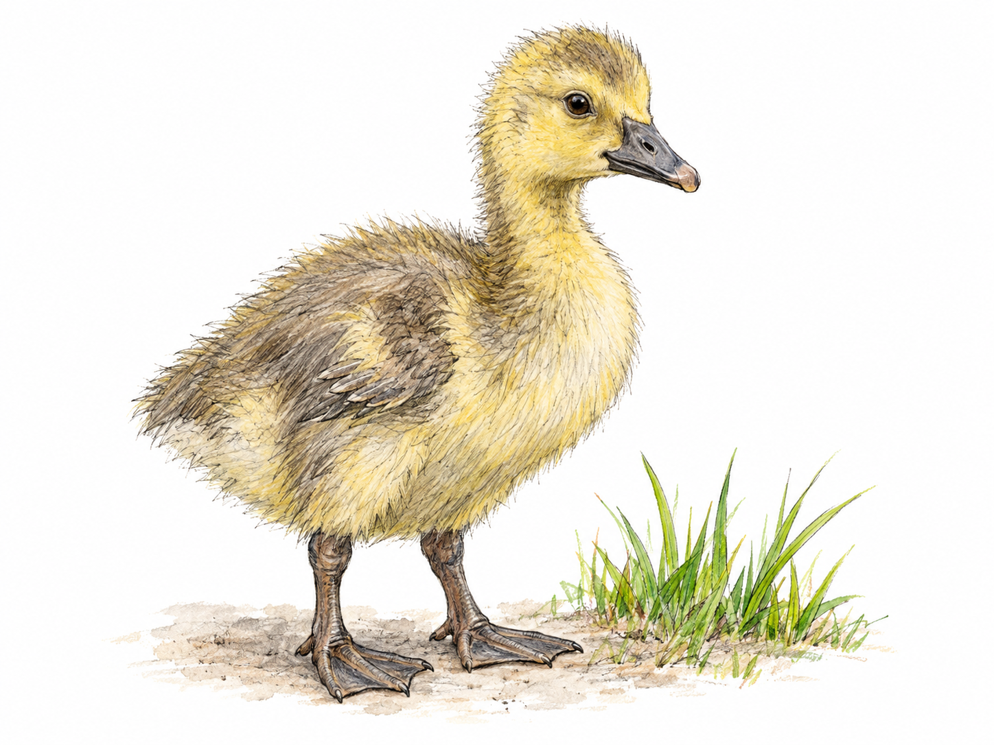 A single downy gosling stands beside a small patch of grass, its soft yellow-gray down, short developing wings, and webbed feet clearly showing an immature goose.