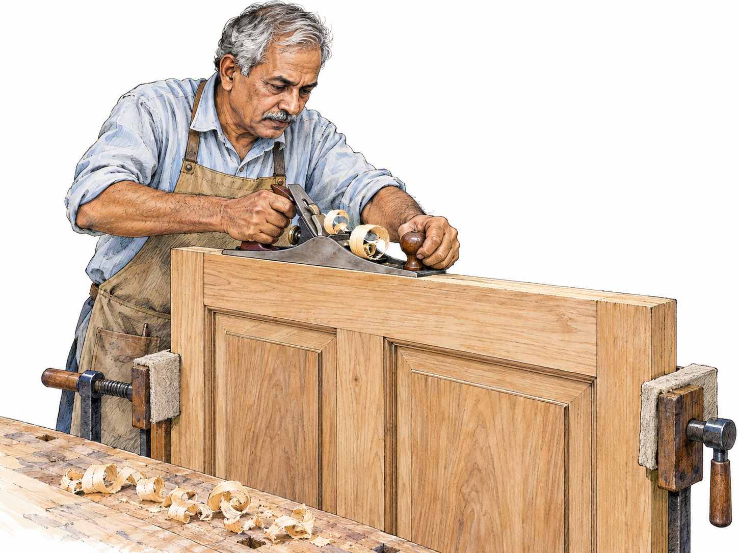 An experienced carpenter uses a hand plane to smooth the edge of a wooden door held securely on a workbench, with its fitted rails and panels clearly visible.