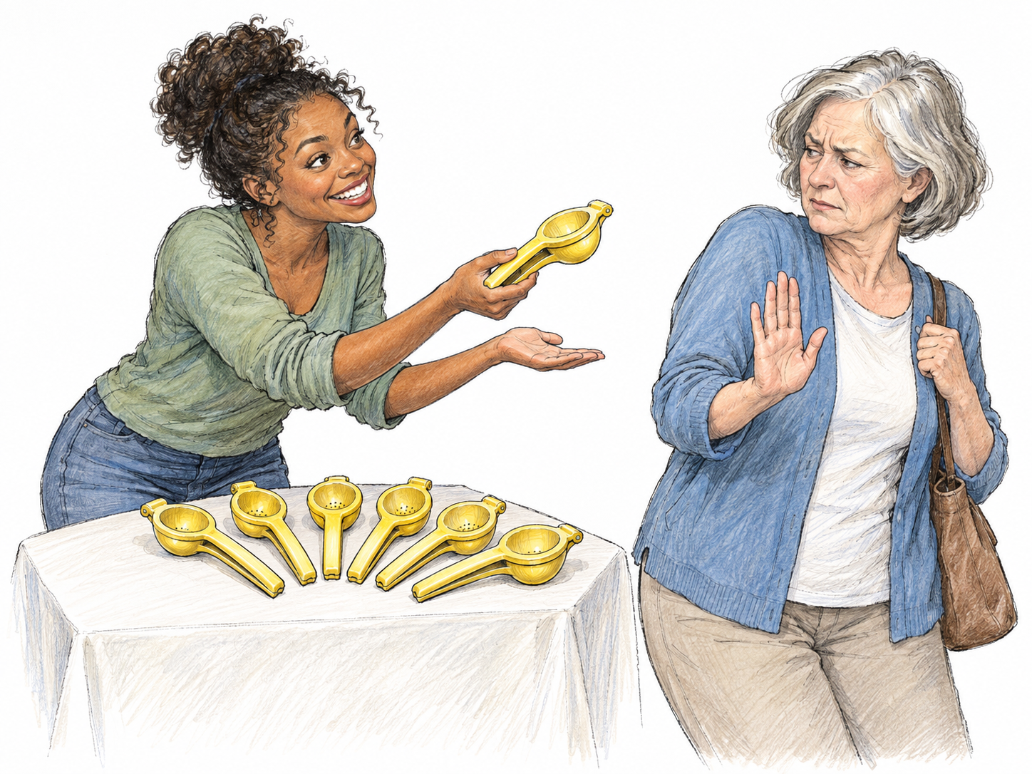 At a small modern sales table, a pushy seller leans forward with an exaggerated presentation gesture, offering a plain kitchen gadget while an unimpressed shopper steps back and raises a palm to decline.