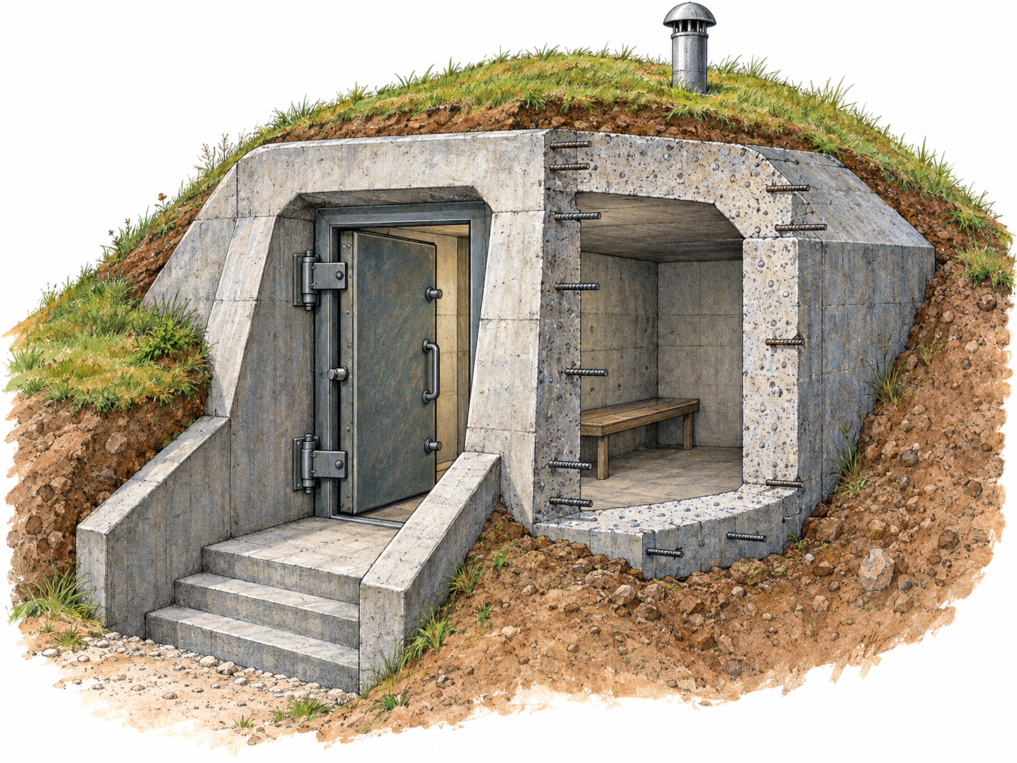 A compact cutaway of a reinforced concrete bunker embedded in an earth mound, revealing thick walls and roof, a heavy steel entrance door, and a simple sheltered interior.
