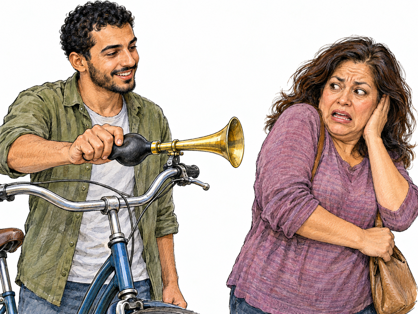 A young man visibly compresses the rubber bulb of a bicycle horn while a nearby woman flinches and covers one ear, making the horn-sounding action and its loudness readable without text.