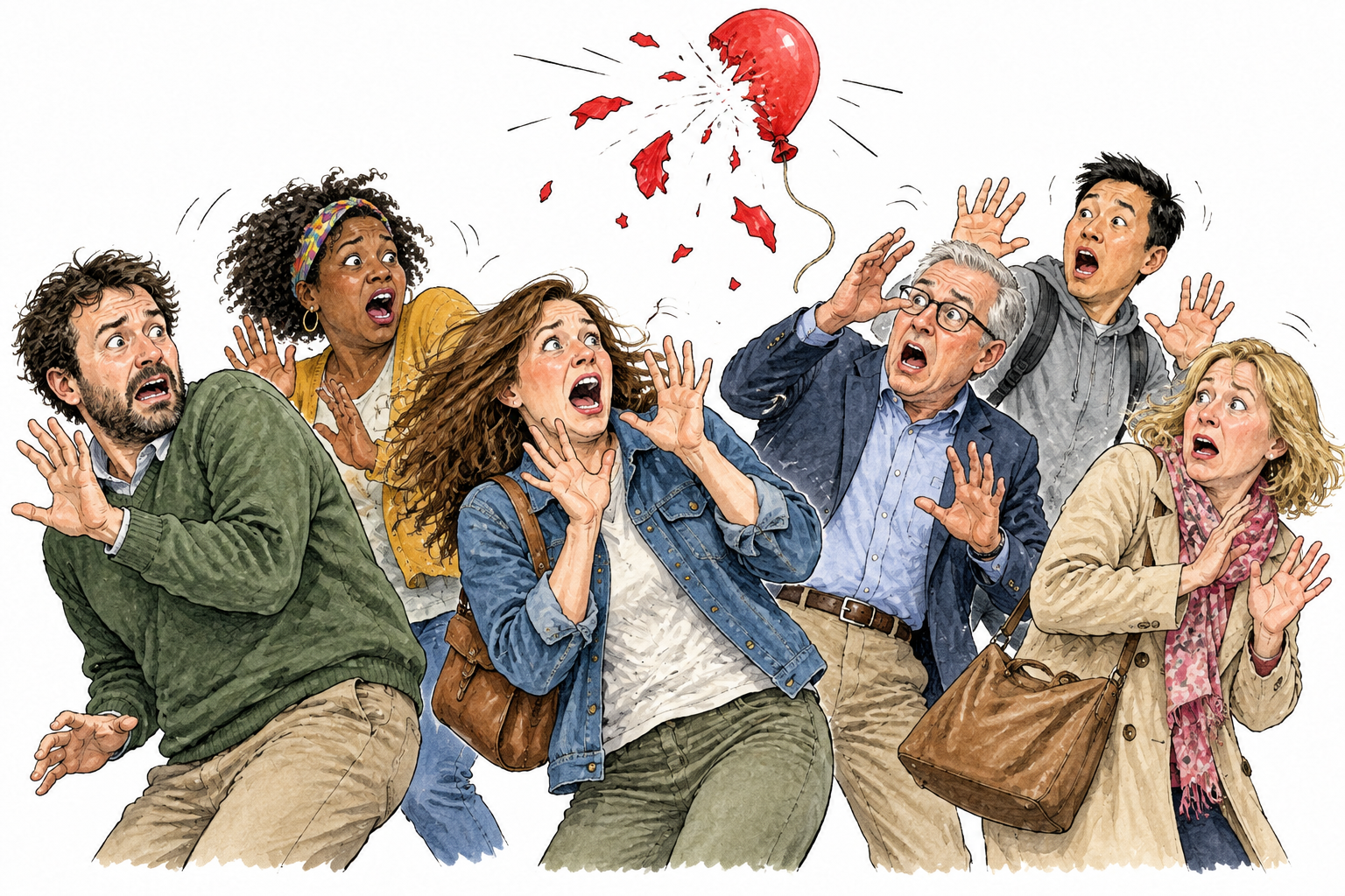 Mixed group of adults in a crowd reacting with uncontrolled panic and alarm to a harmless loud burst balloon, no injuries.
