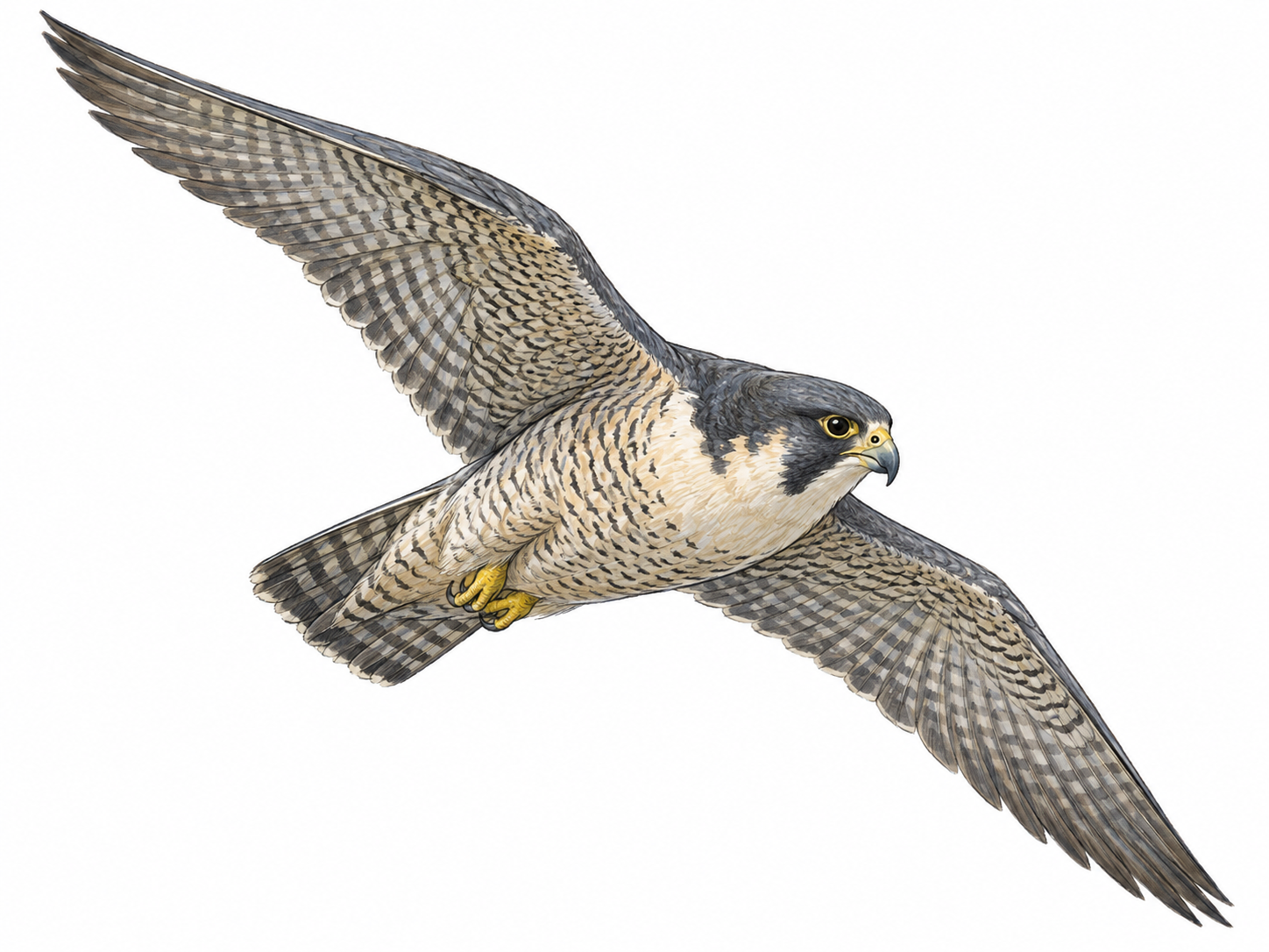 A peregrine falcon banking in swift flight, with long pointed wings, a hooked beak, dark cheek marks and tucked talons clearly visible.