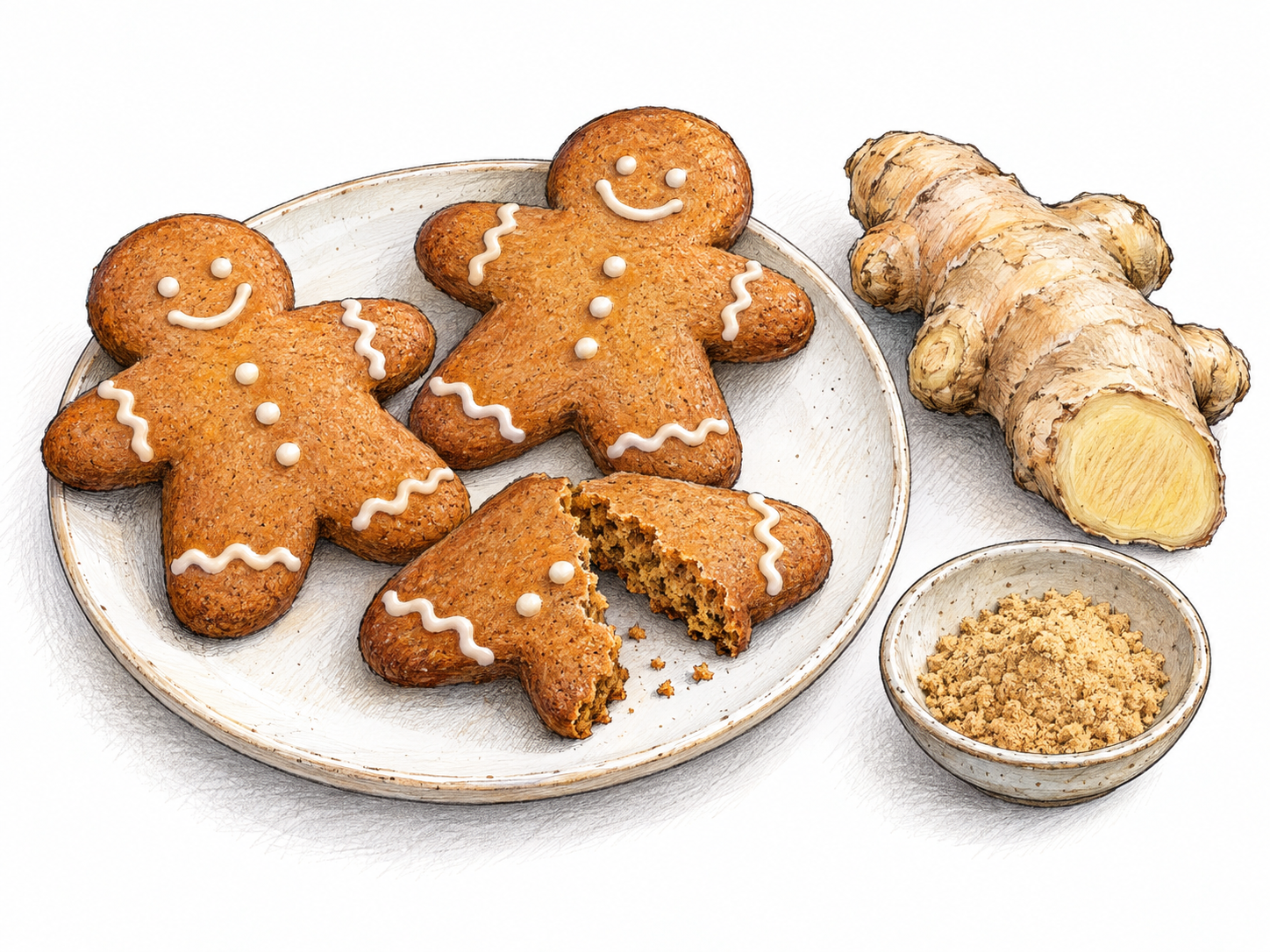 A small plate of golden-brown gingerbread-person cookies, one broken to expose its baked interior, beside fresh ginger root and a little ground ginger.