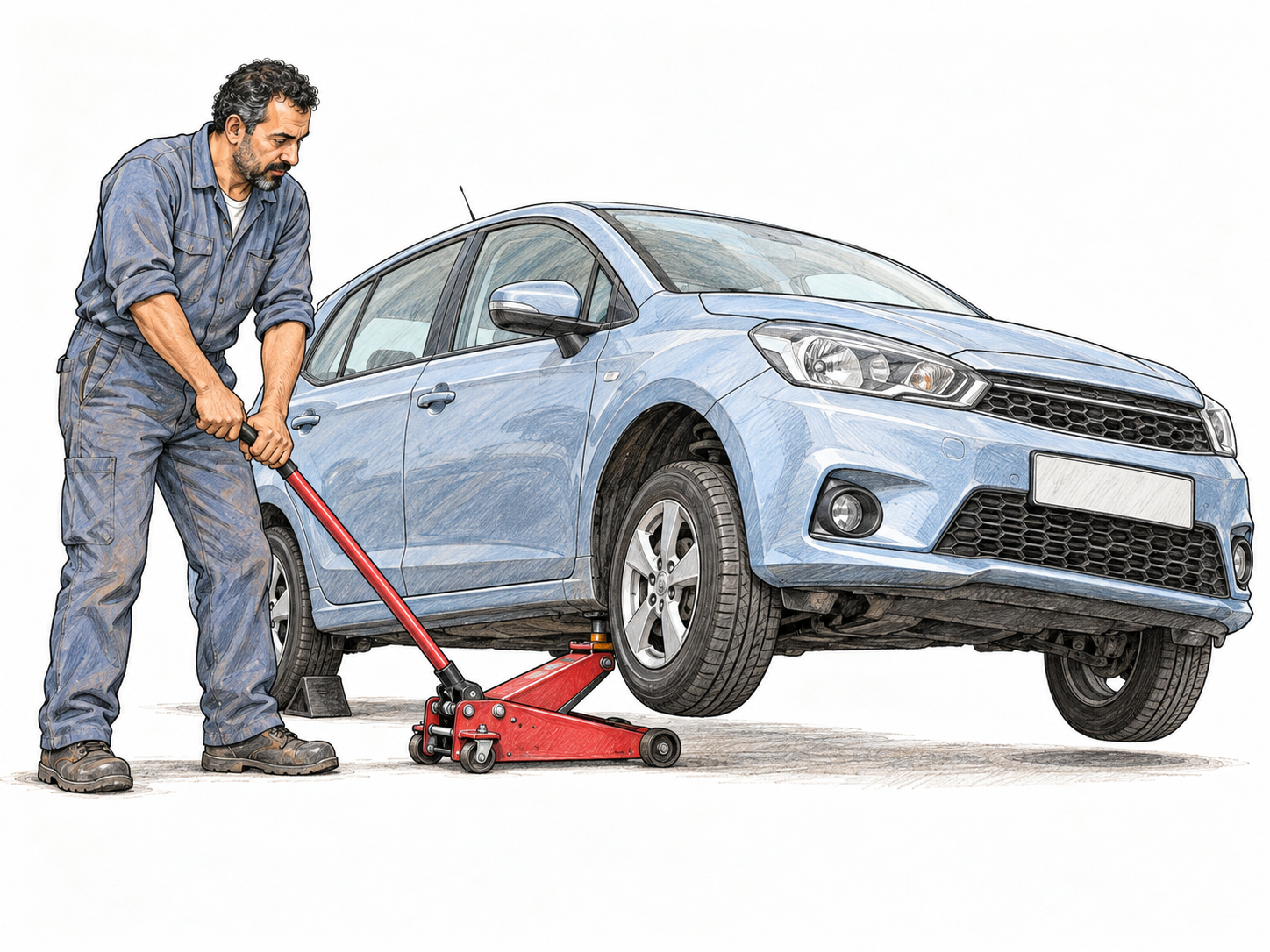 A mechanic pumps a floor jack to elevate the front of a car, with its front tire visibly lifted clear of the ground and its rear tire still resting on the floor.