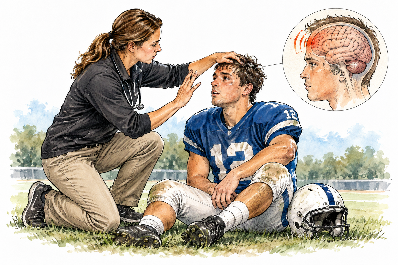 A medical professional checks a dazed athlete after a head impact, gentle concussion assessment and small brain inset, non-graphic no words.