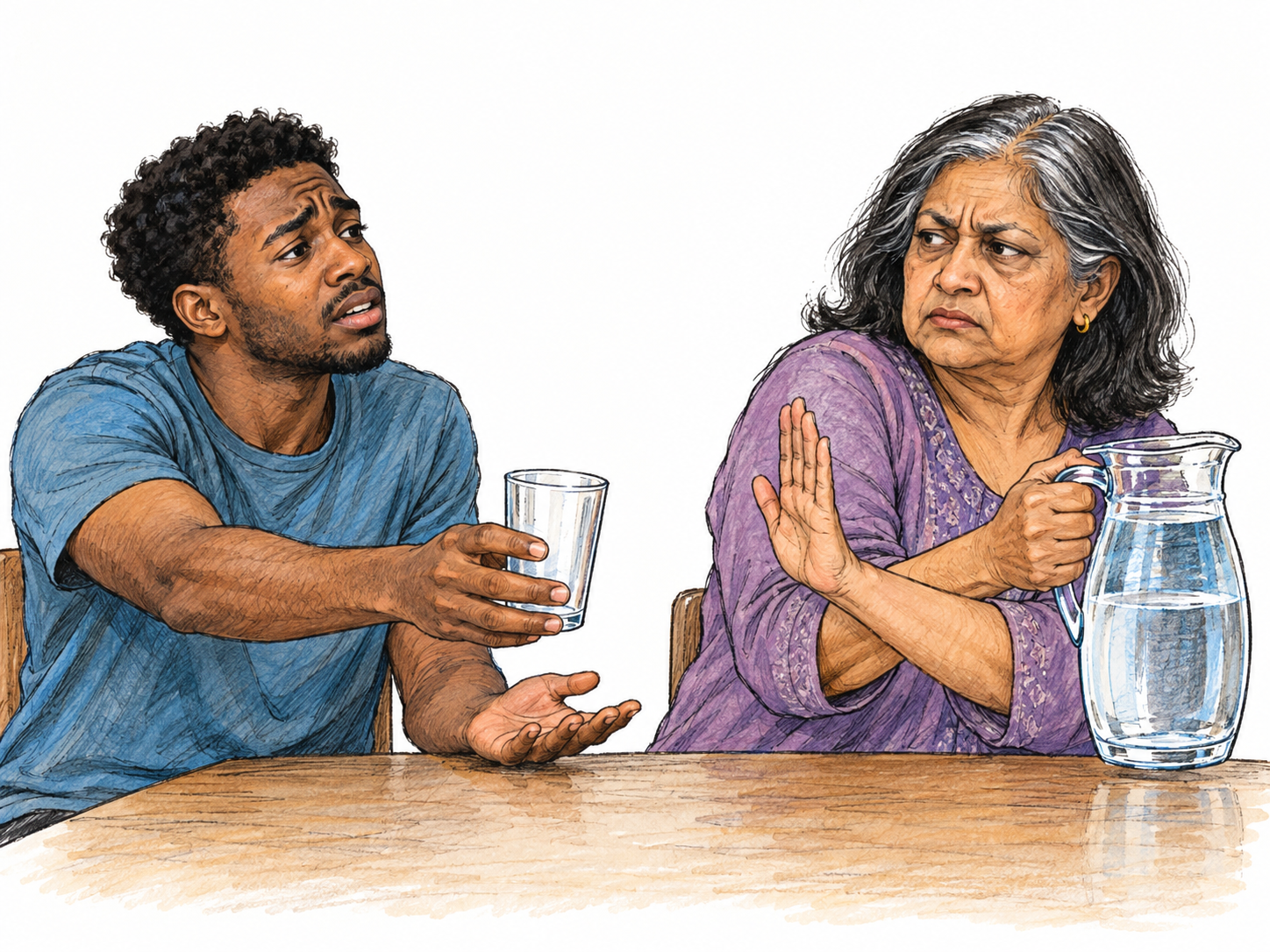 A thirsty man holds out an empty drinking glass while a woman deliberately pulls a full water pitcher away and blocks his reach.