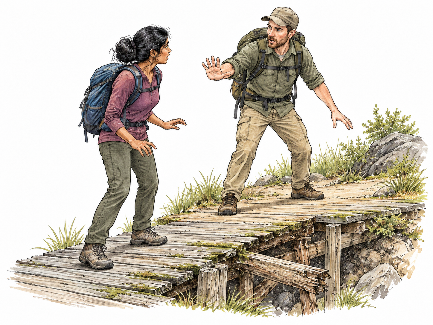 A clear warning gesture from adult guide at an unstable boardwalk edge, firm raised palm and concerned expression to traveler, no signs.