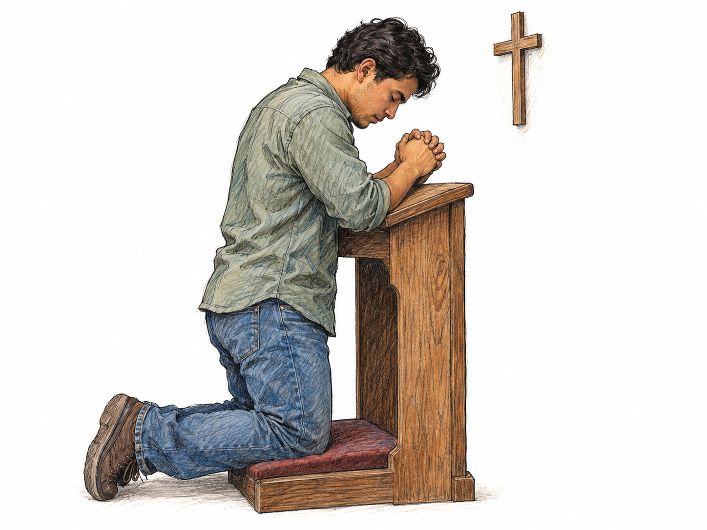 A young adult Latino man kneels in earnest private prayer at a simple church kneeler, eyes closed and hands clasped, conveying deep religious devotion.