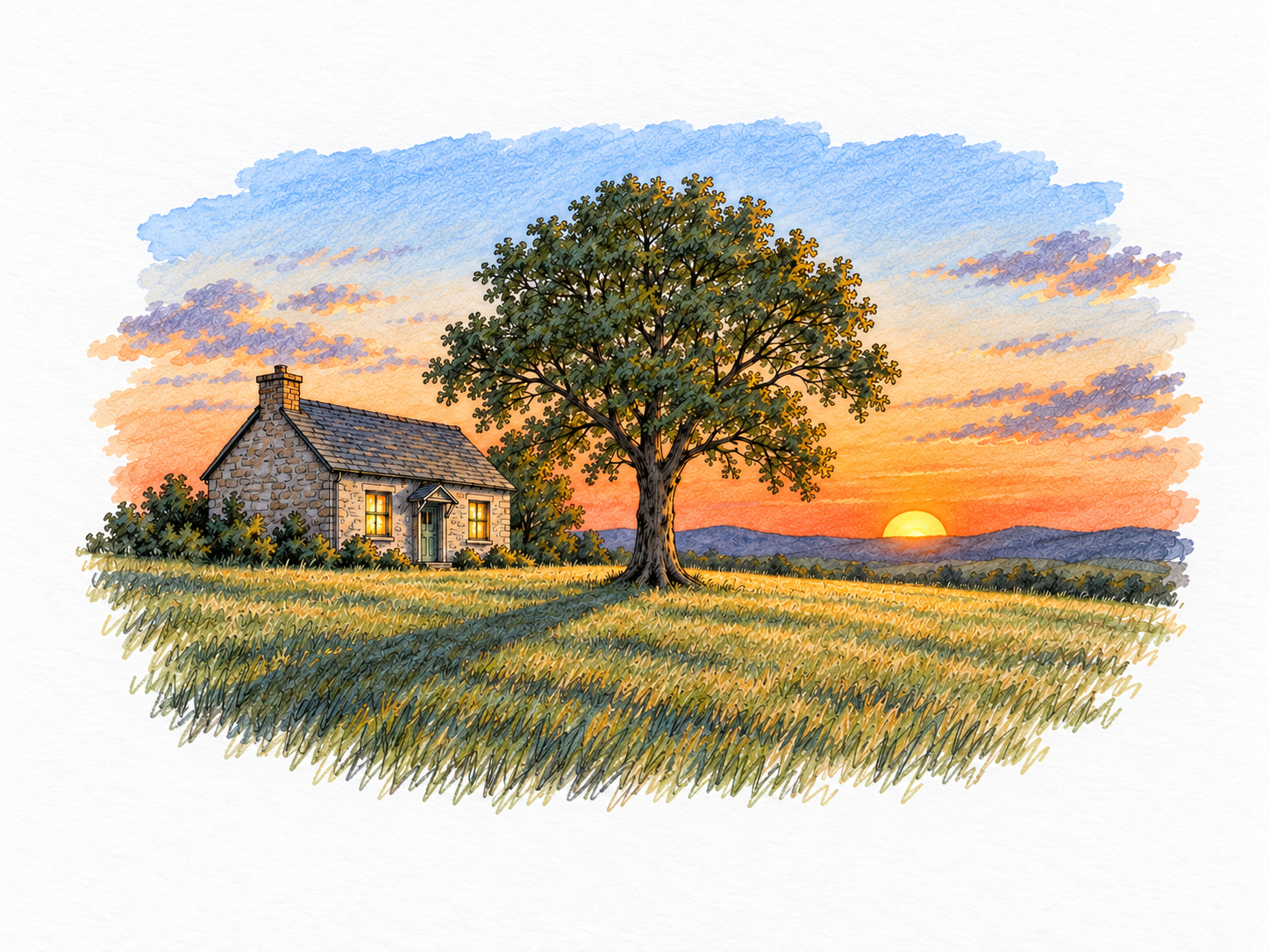 A quiet sunset landscape: the sun touches the horizon, a warm orange glow lingers beneath a cooling blue sky, and long shadows cross the foreground while a small house has softly lit windows.