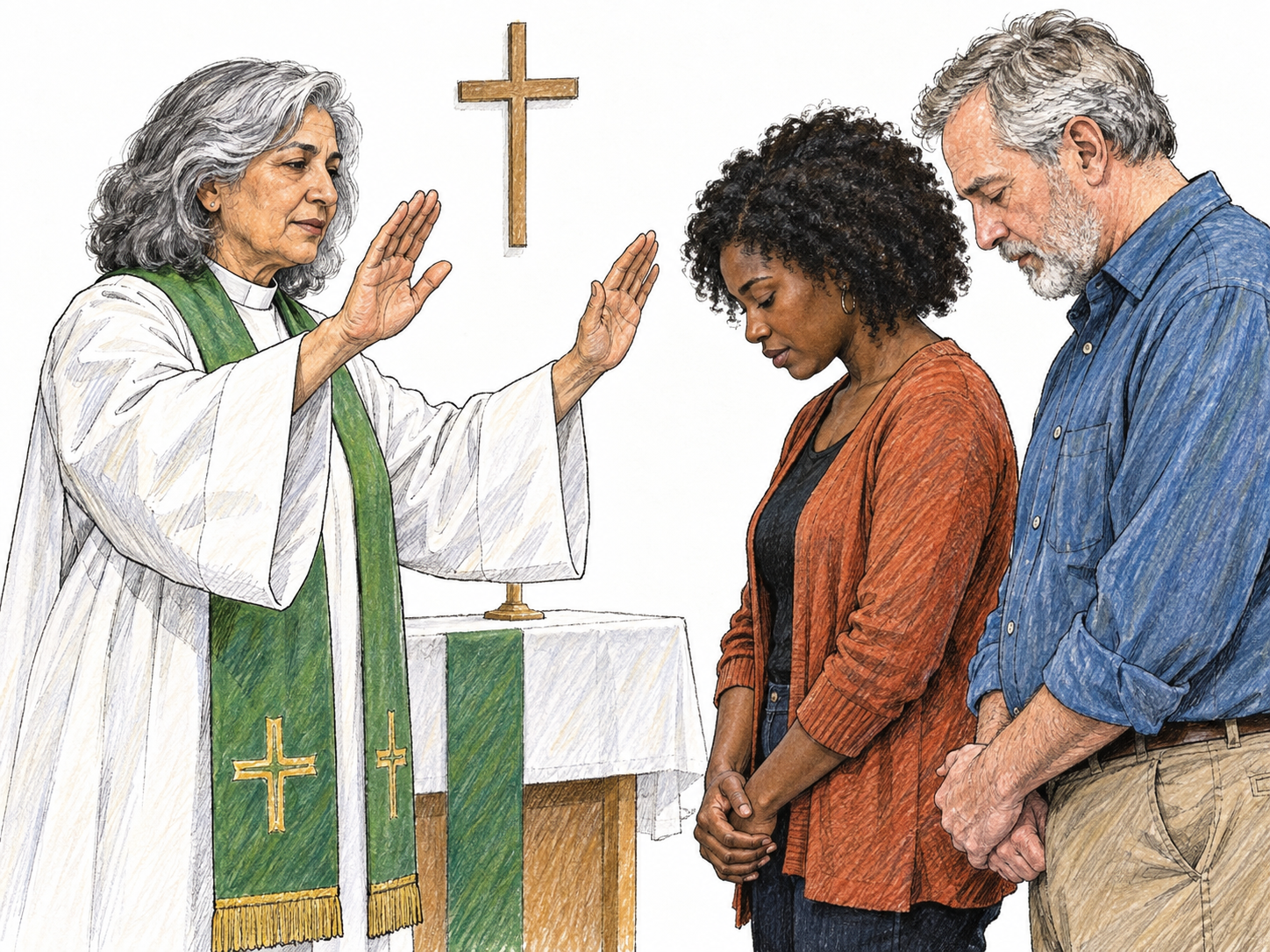 An Anglican priest raises both hands in blessing over two congregants with bowed heads, beside a simple church altar.