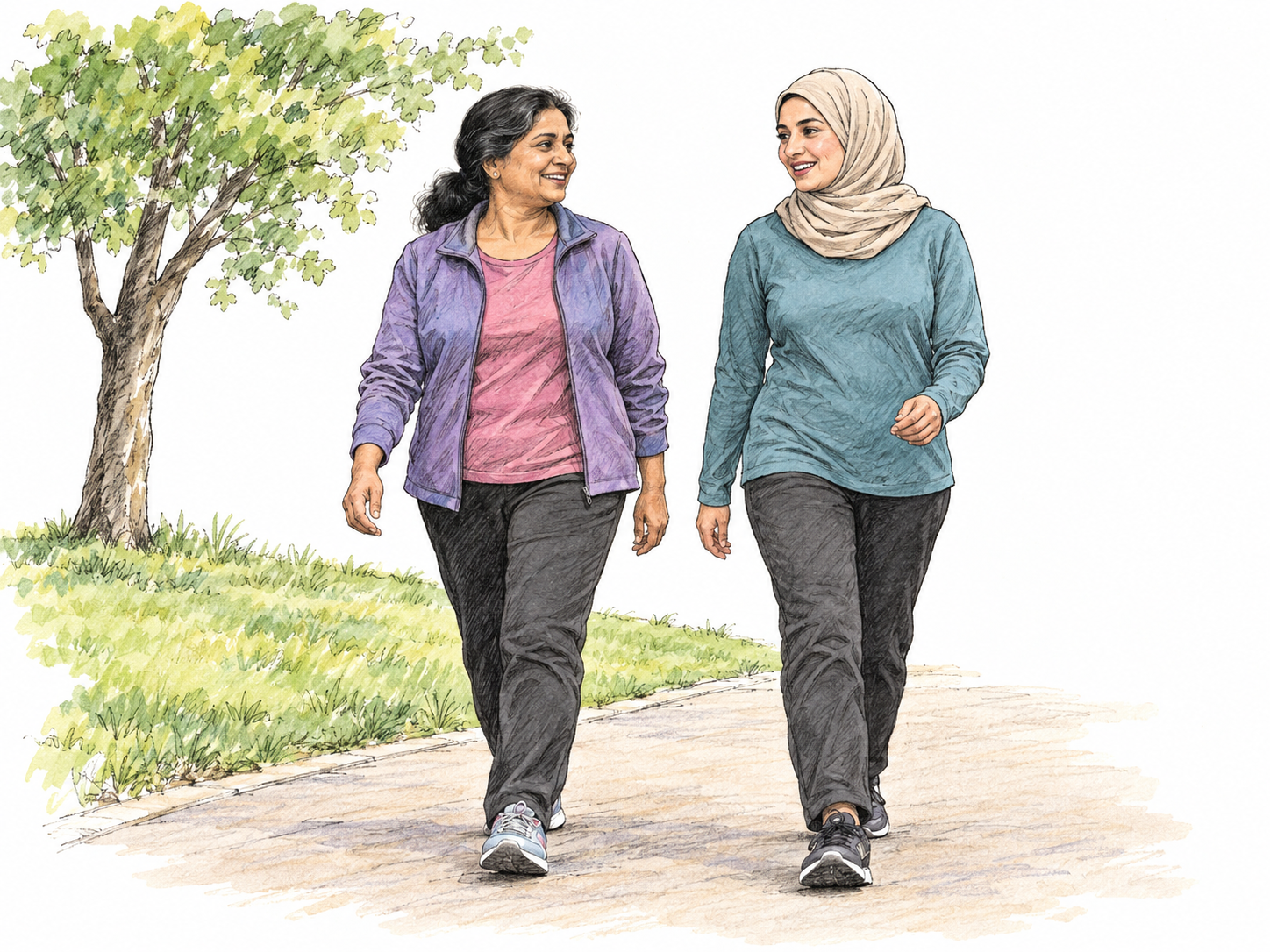 Two women enjoy a relaxed walk along a clean, leafy park path, conveying a healthful setting and gentle activity that promotes well-being.