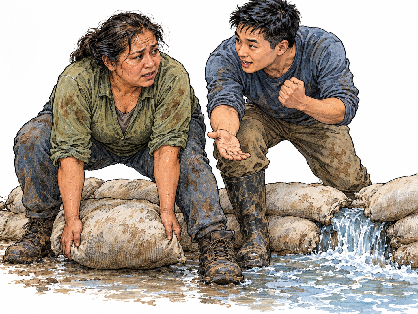Beside a leaking sandbag barrier, a volunteer visibly rallies an exhausted teammate: he leans toward her with an emphatic speaking expression, a raised clenched fist of encouragement, and an open hand beckoning her onward as she grips the next bag.