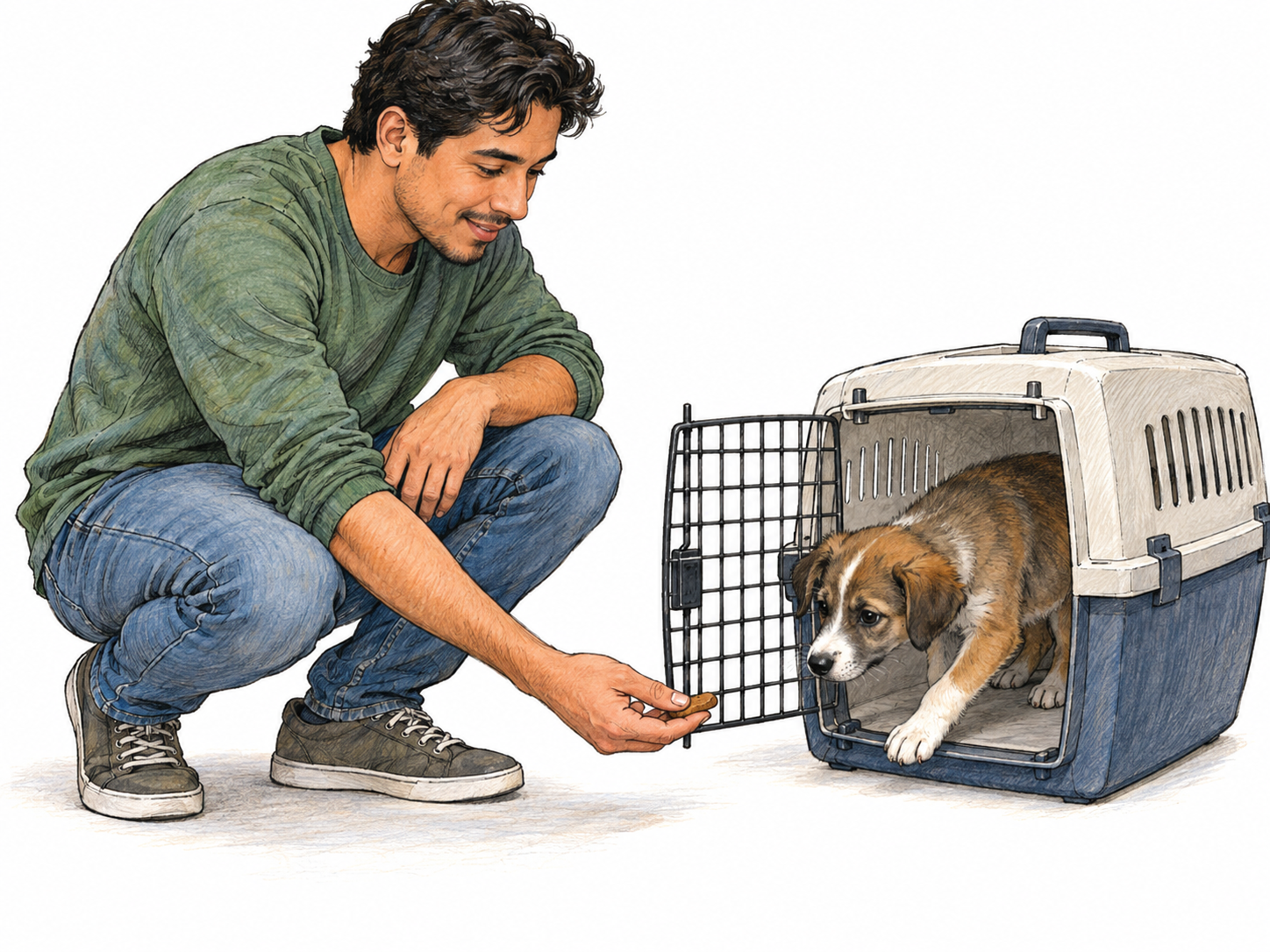 A crouching man gently coaxes a hesitant puppy out of an open carrier by offering a treat, allowing the puppy to approach without touching or pulling it.
