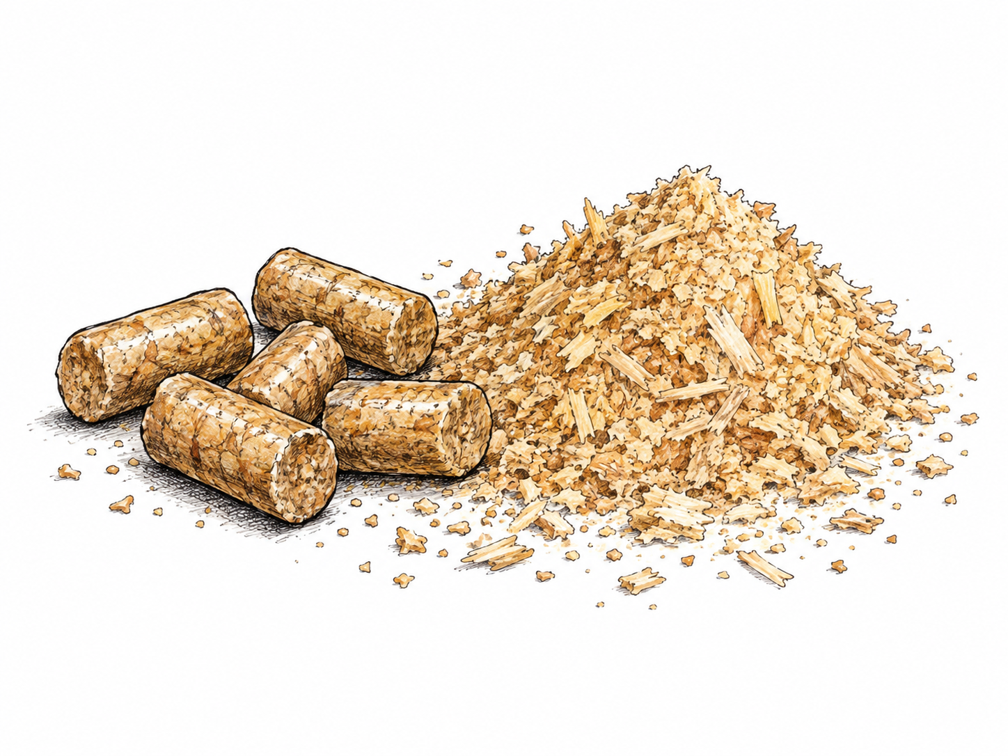 A few small round compressed wood pellets rest beside loose sawdust, showing compact little pieces of material.