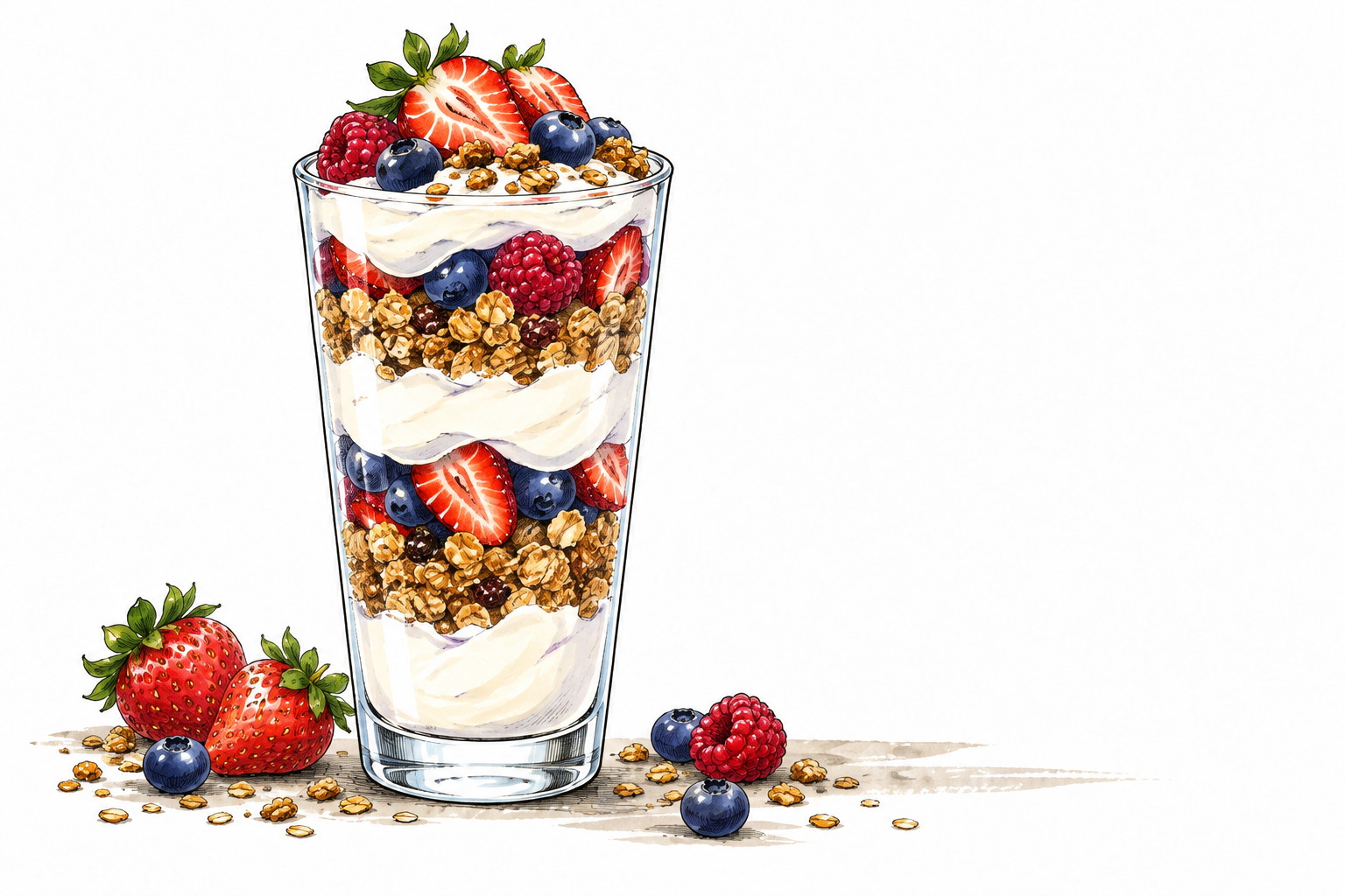 Tall glass layered with yogurt berries and granola, clear distinct parfait layers, no words.