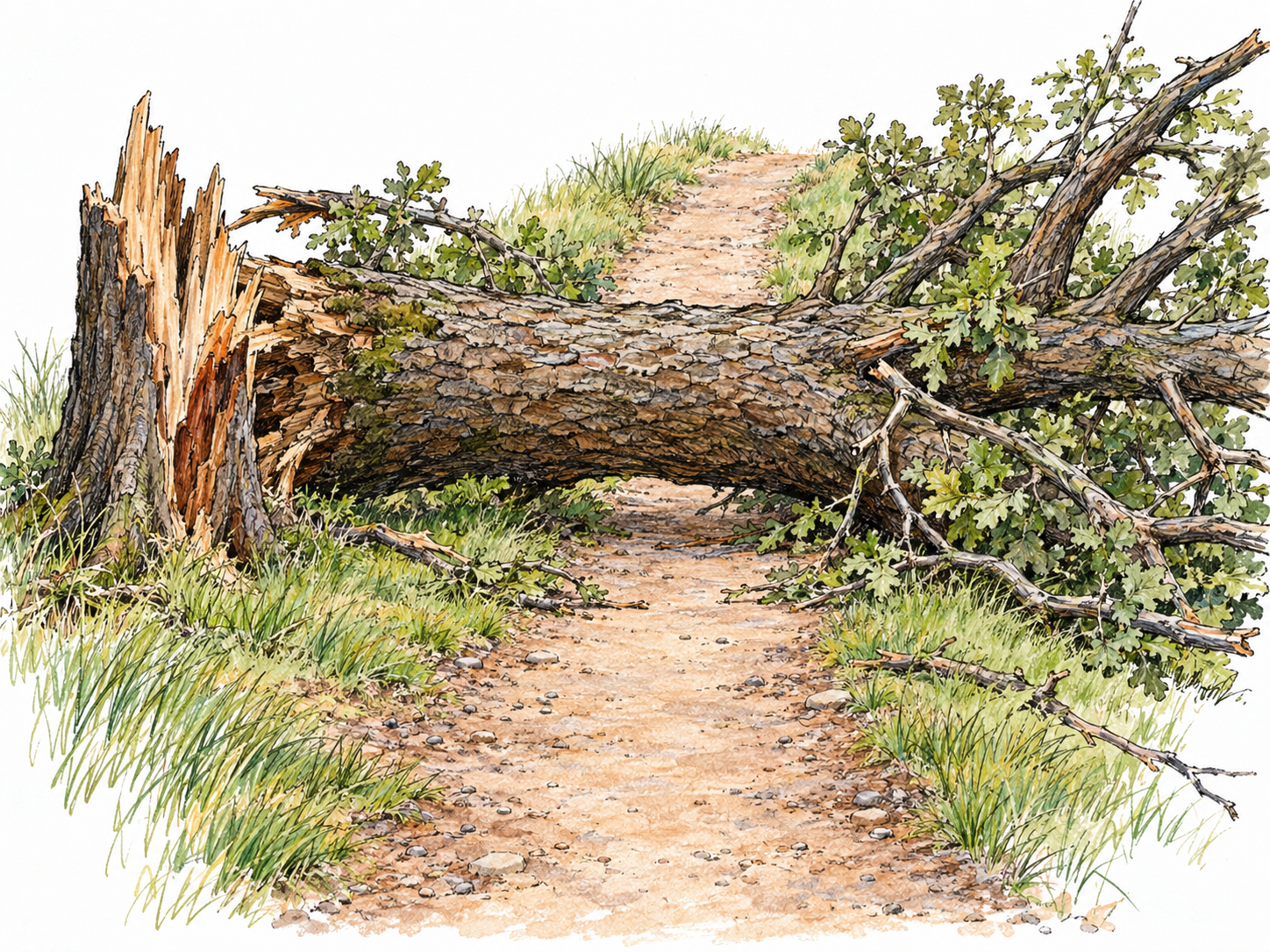 A large fallen tree lies completely across a narrow footpath, physically blocking the passage.