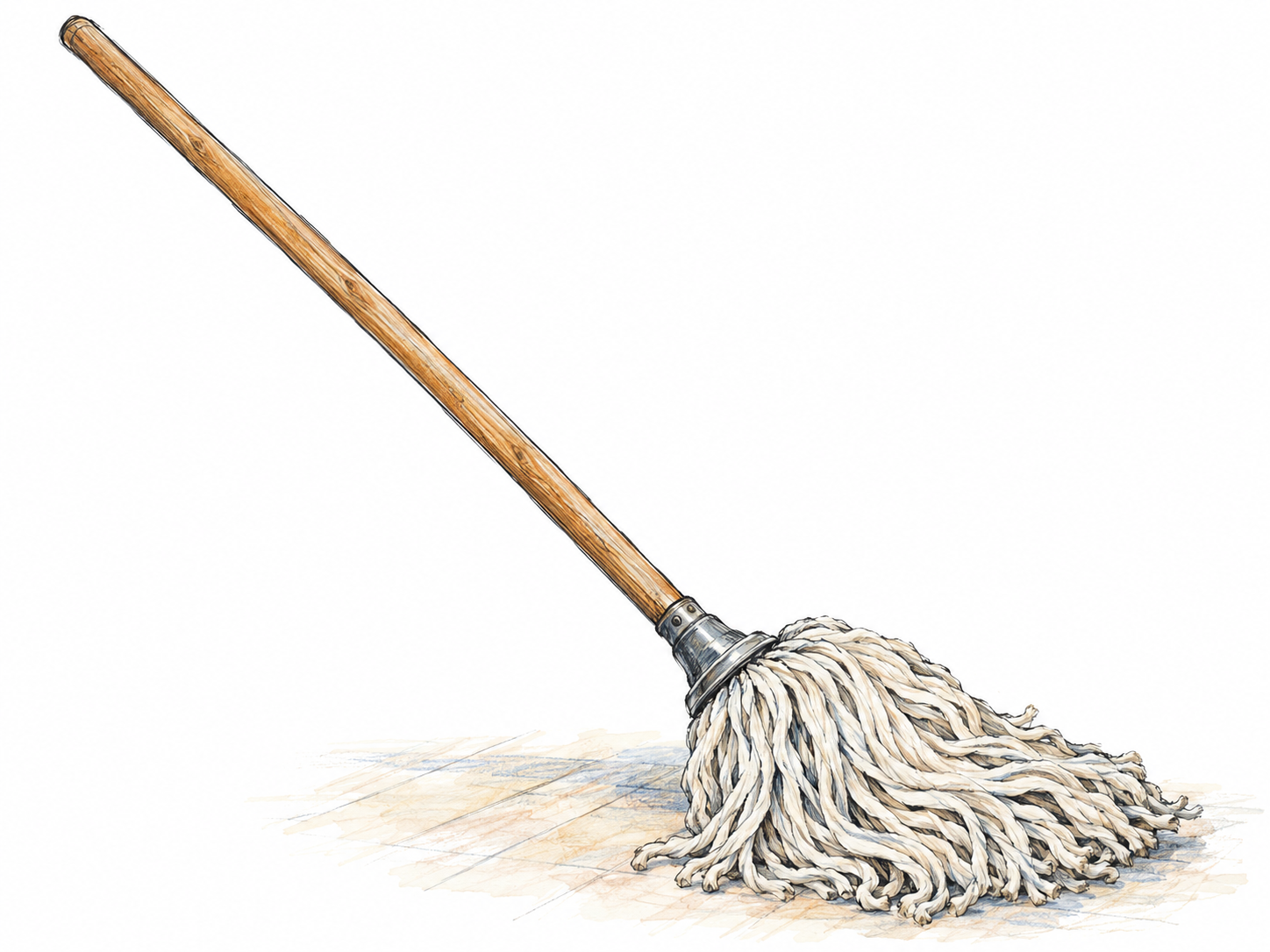 A single strand mop with a long handle and a clearly visible head of absorbent cotton strands resting on a small patch of floor.