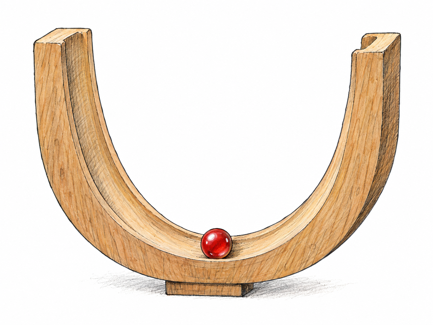 A bright red marble rests at the single lowest point of a deep U-shaped wooden track, with both ends rising well above it.