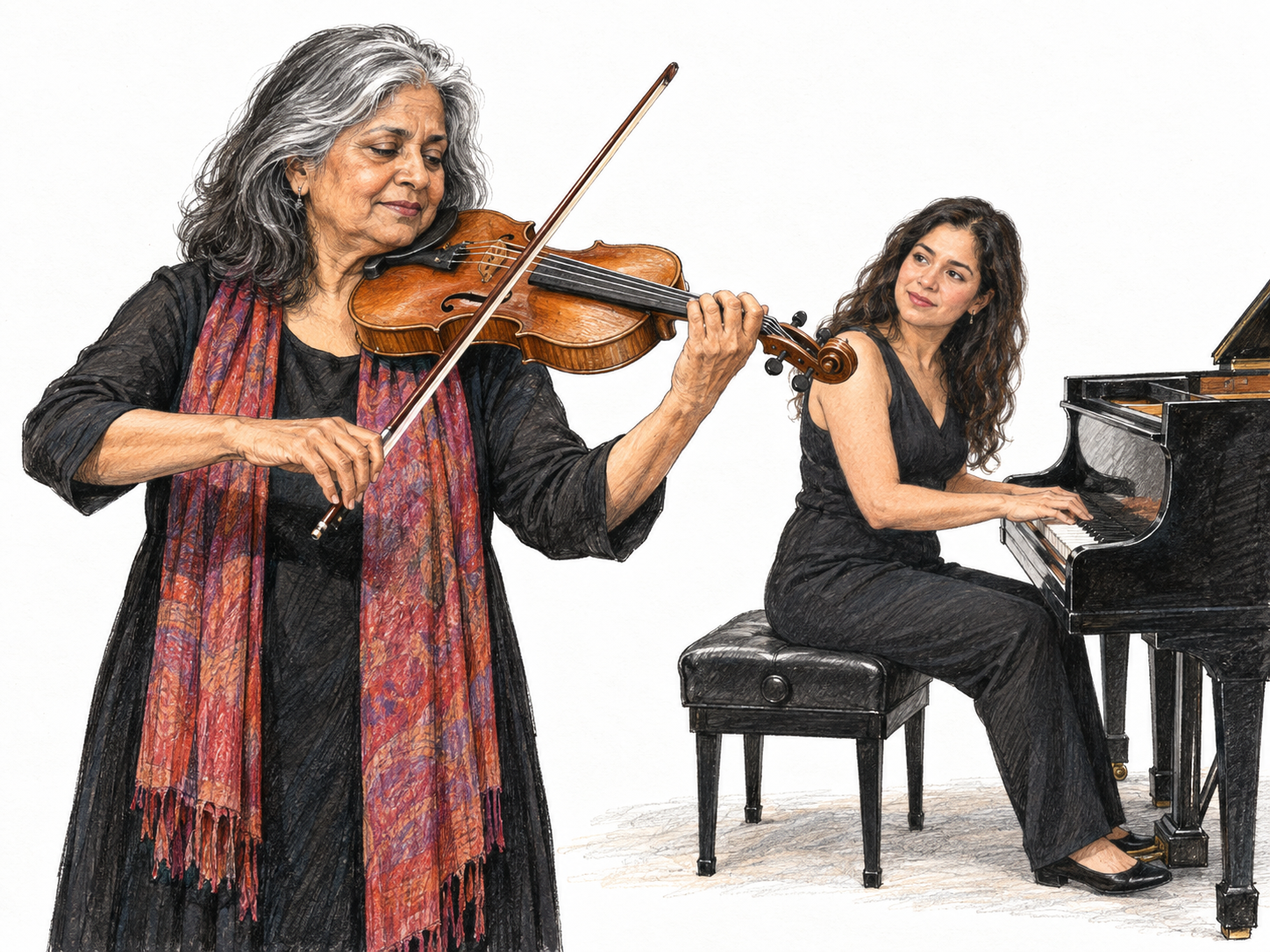 A violinist performs while an accompanying pianist supports her: the standing soloist occupies the foreground, with the seated pianist slightly behind, visibly playing accompaniment.