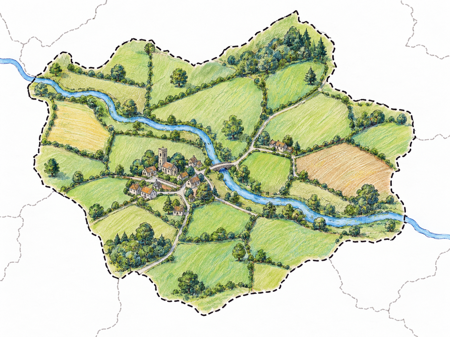 A simple, text-free illustrated county map: one clearly bounded rural British district contains a small village, patchwork fields and a winding river, with neighboring districts only faintly indicated.
