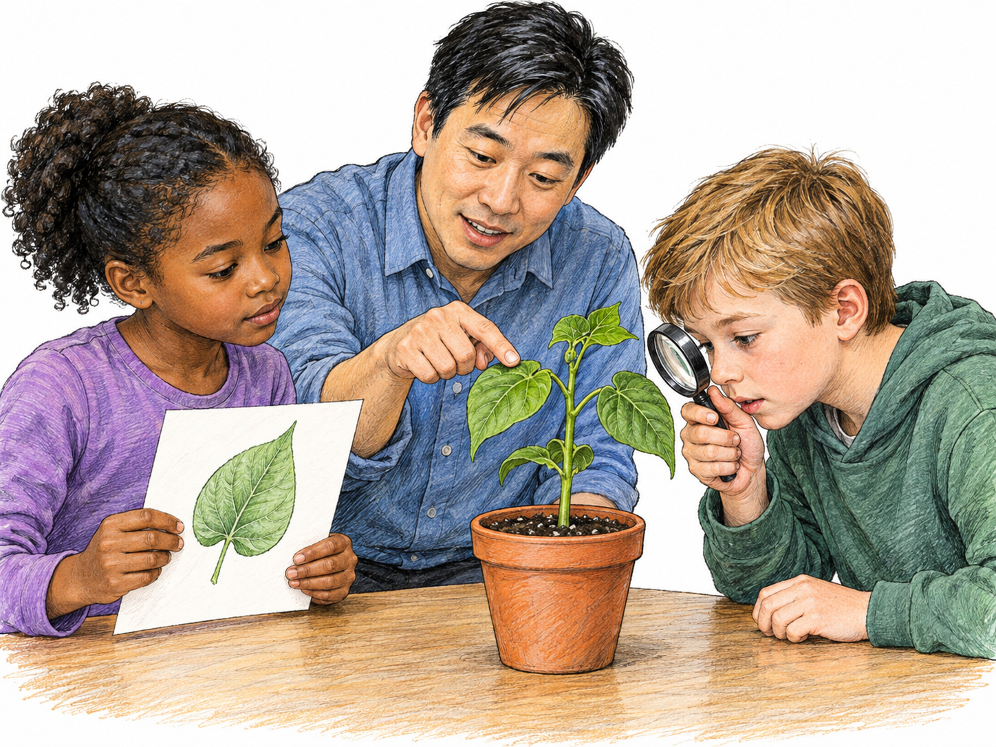 A small science lesson shows an adult teacher and two children learning from a real potted bean seedling.
