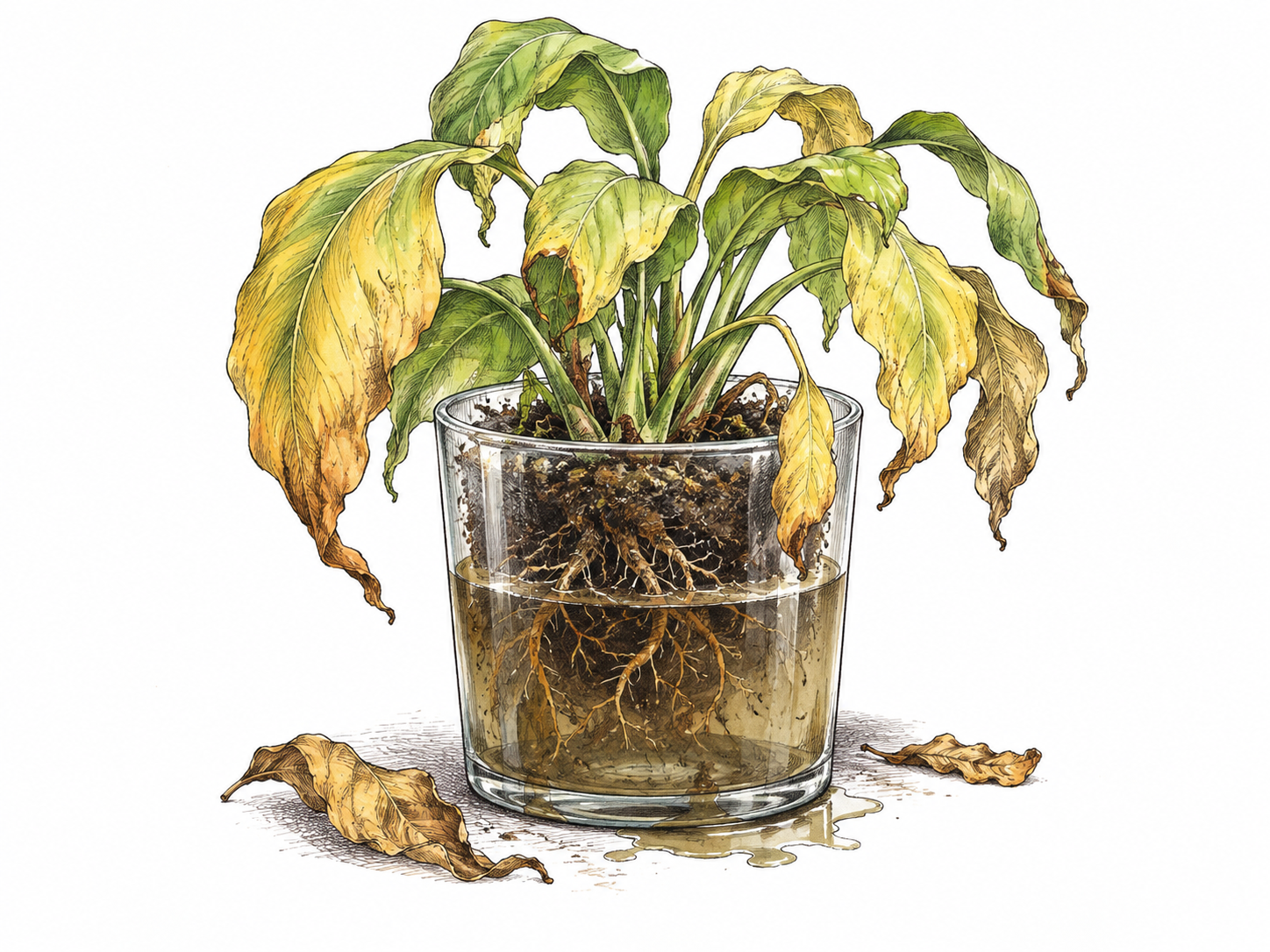 A yellowing wilting houseplant above visibly waterlogged root ball in glass-sided pot; unhealthy leaves visibly indicate underlying root problem, no words.