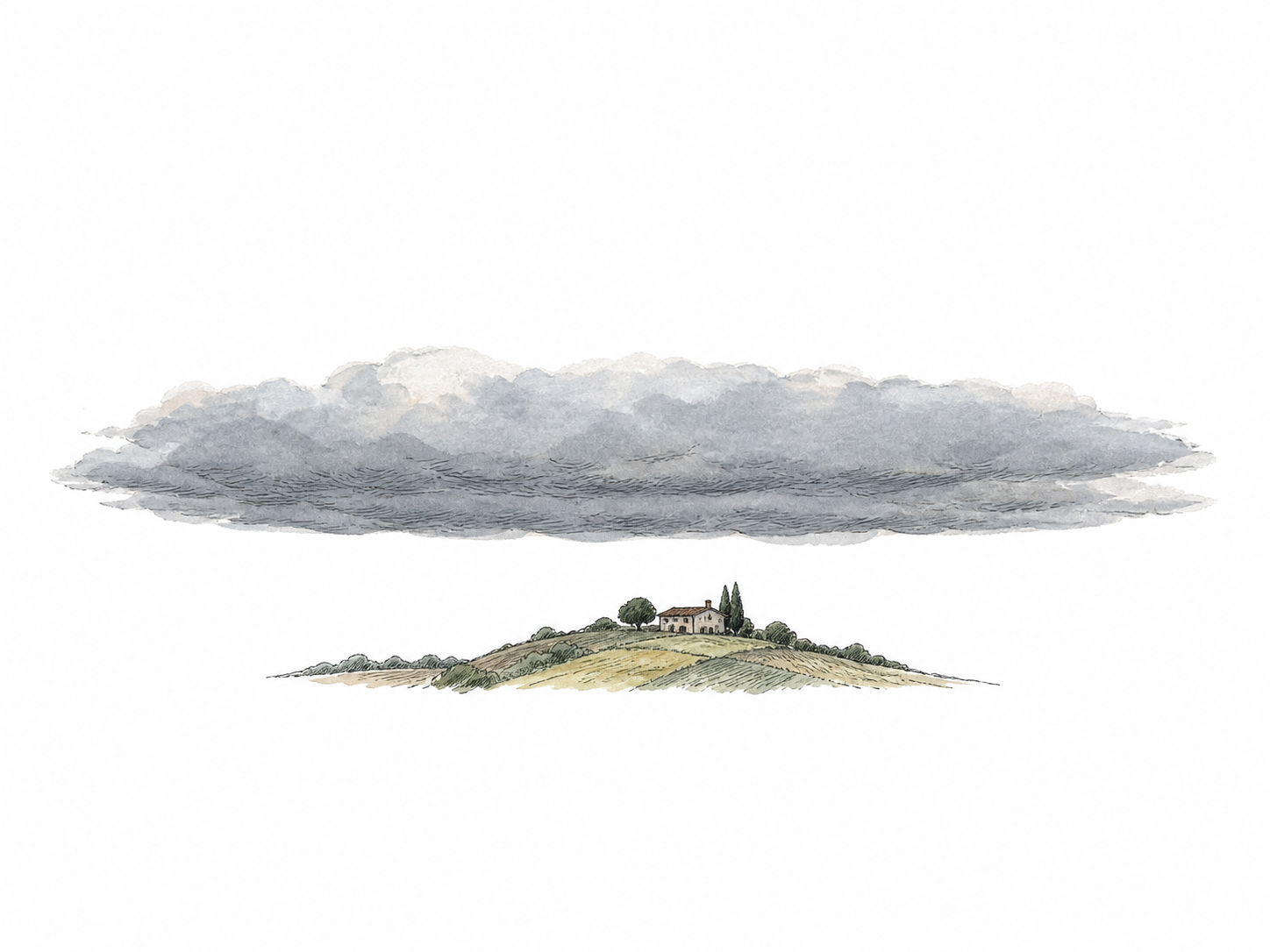 One low broad flat gray cloud sheet hangs over a tiny distant hill and farmhouse silhouette, its underside level and unbroken.