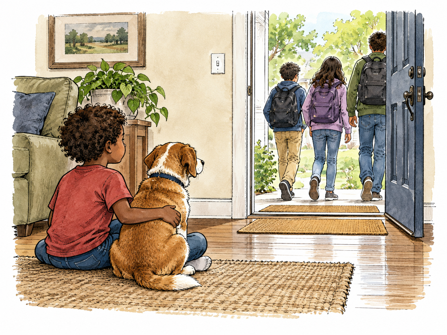 Brown child remains sitting with dog at home as companions leave through door.