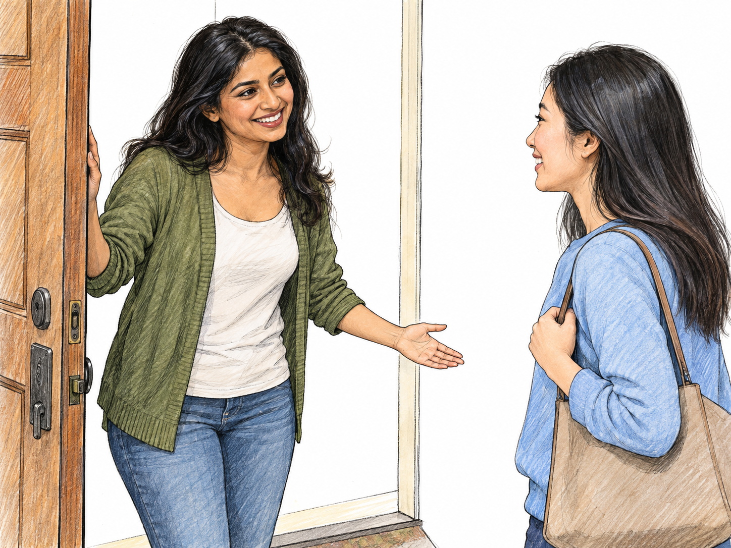 A cheerful host warmly welcomes a visitor through an open doorway, with a relaxed smile, friendly eye contact, and an open-palmed invitation inside.