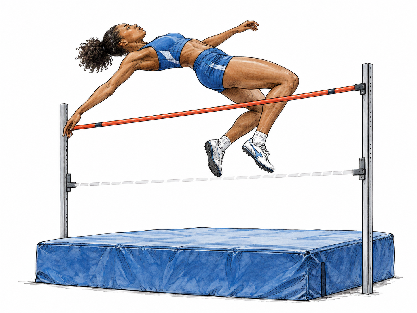 High jumper clears visible horizontal bar significantly above previous lower ghost bar, safe mat below; surpassed prior limit visually clear, no stadium or lettering.