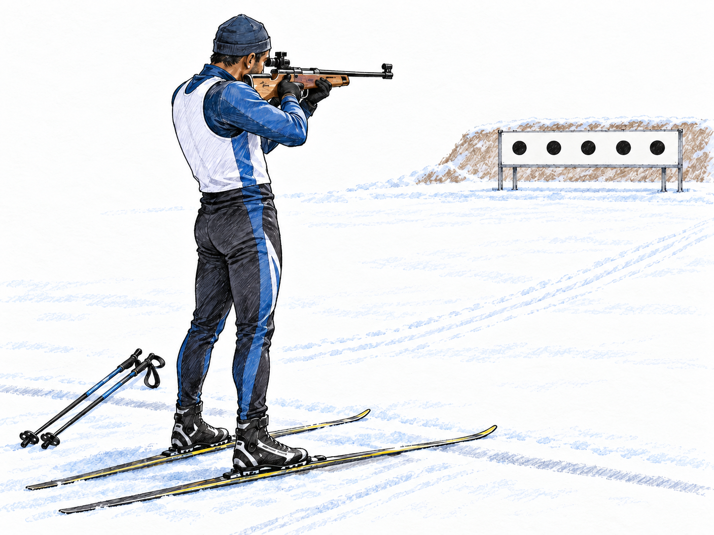 A biathlete stands on narrow cross-country skis at a snowy shooting lane, aiming a sporting rifle at a bank of five circular targets.
