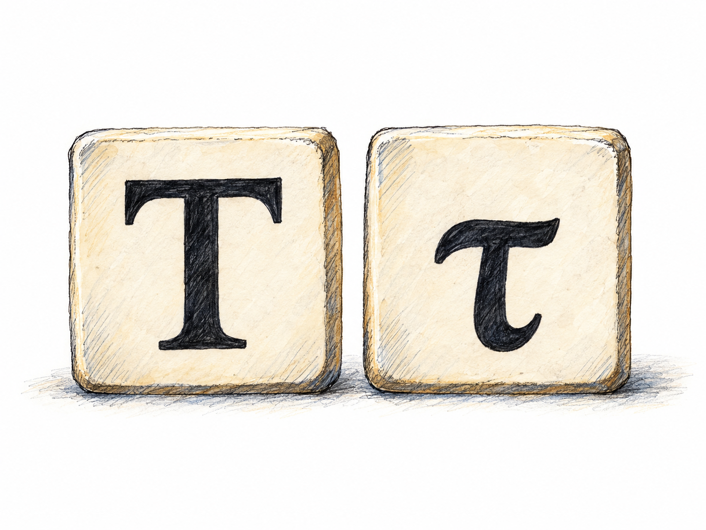 A close view of two ivory alphabet tiles displaying uppercase Τ and lowercase τ, with the distinctive lowercase form prominent.