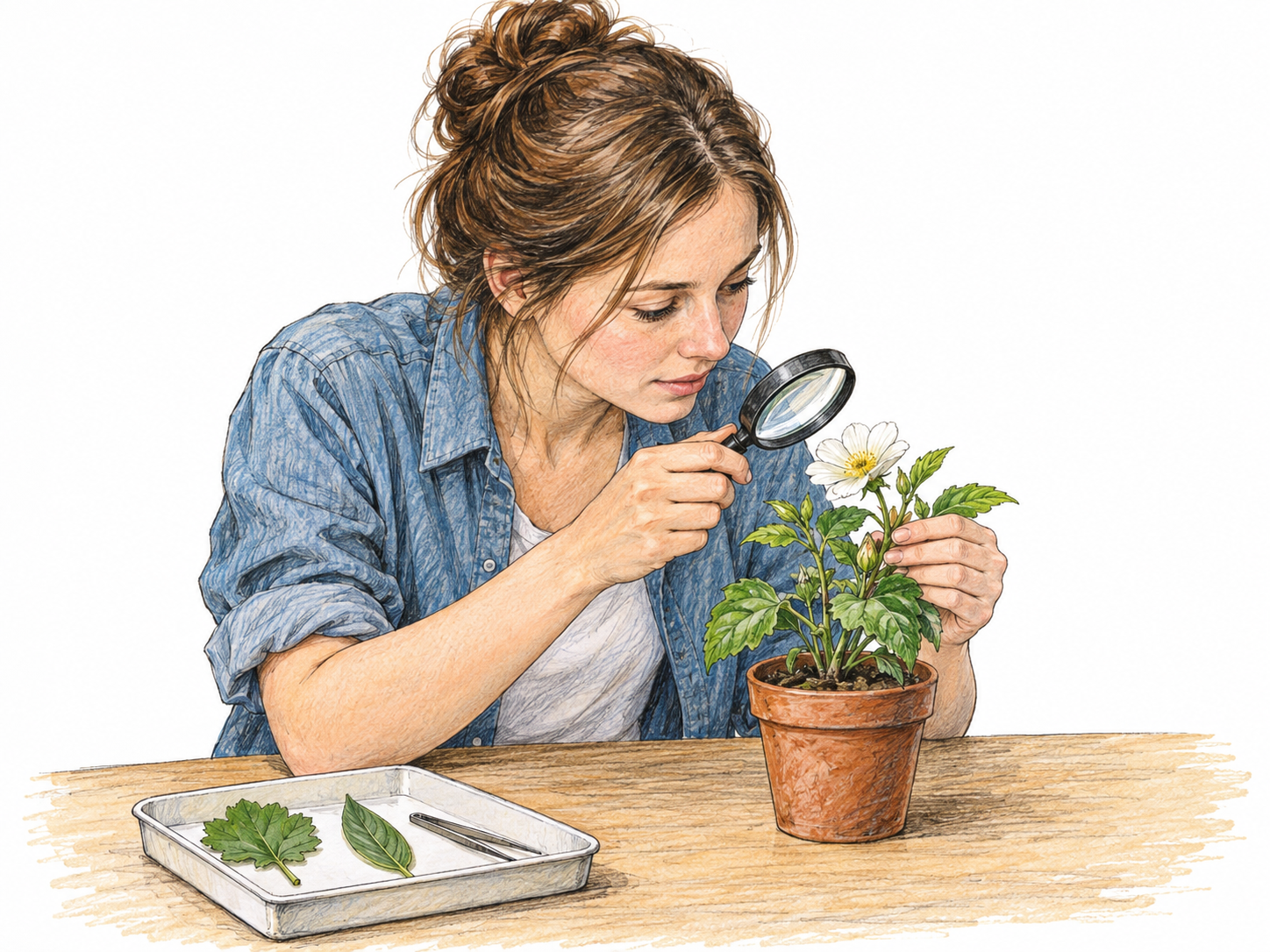 A young botanist examines a flowering plant with a hand lens beside a small tray of plant specimens, presenting botany as her domain of knowledge and activity.