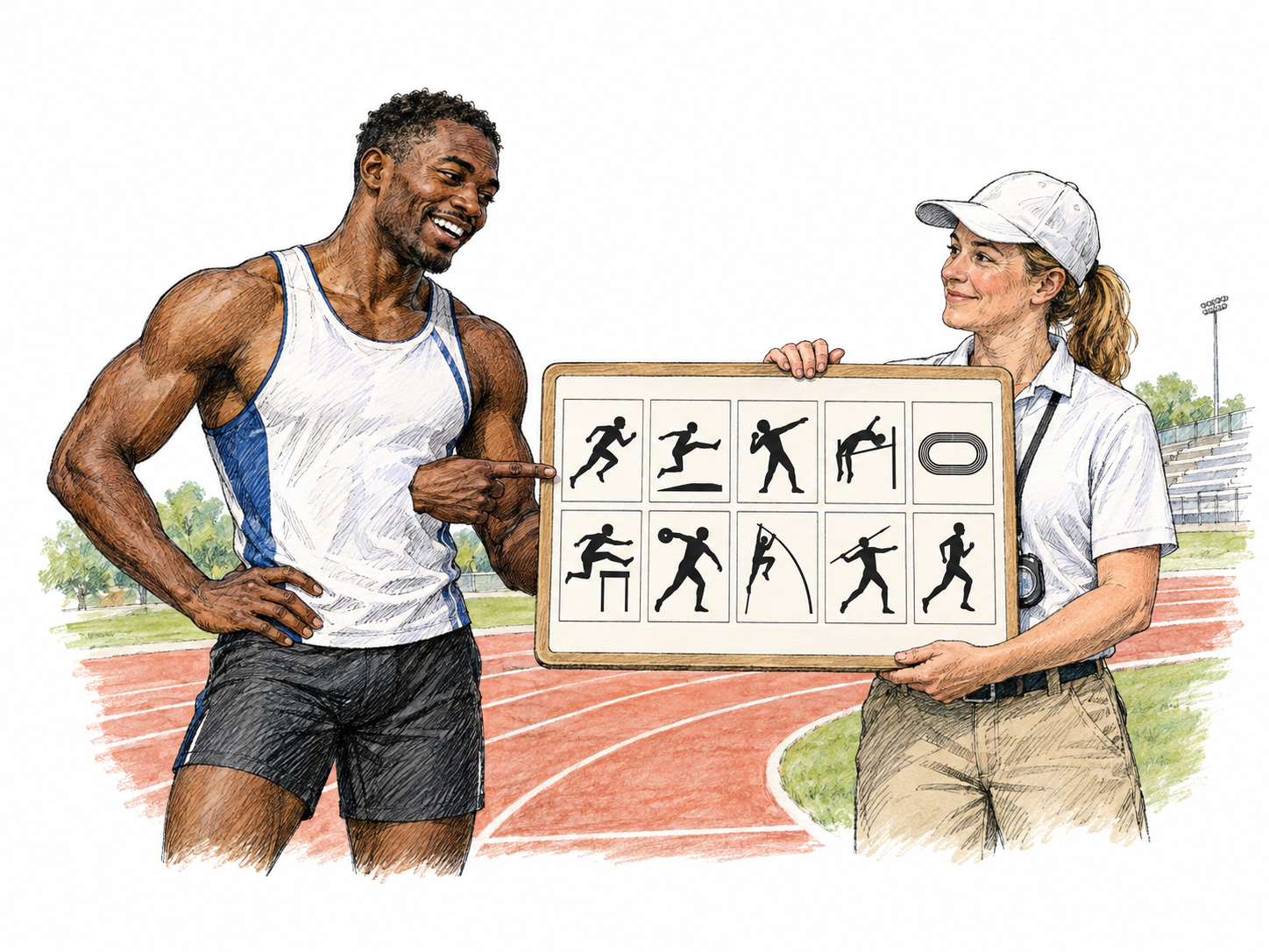 One modern decathlete at a track with an official scorecard showing exactly ten clearly separated small event pictograms in two rows of five: sprint, long jump, shot put, high jump, track lap, hurdles, discus, pole vault, javelin, distance run.