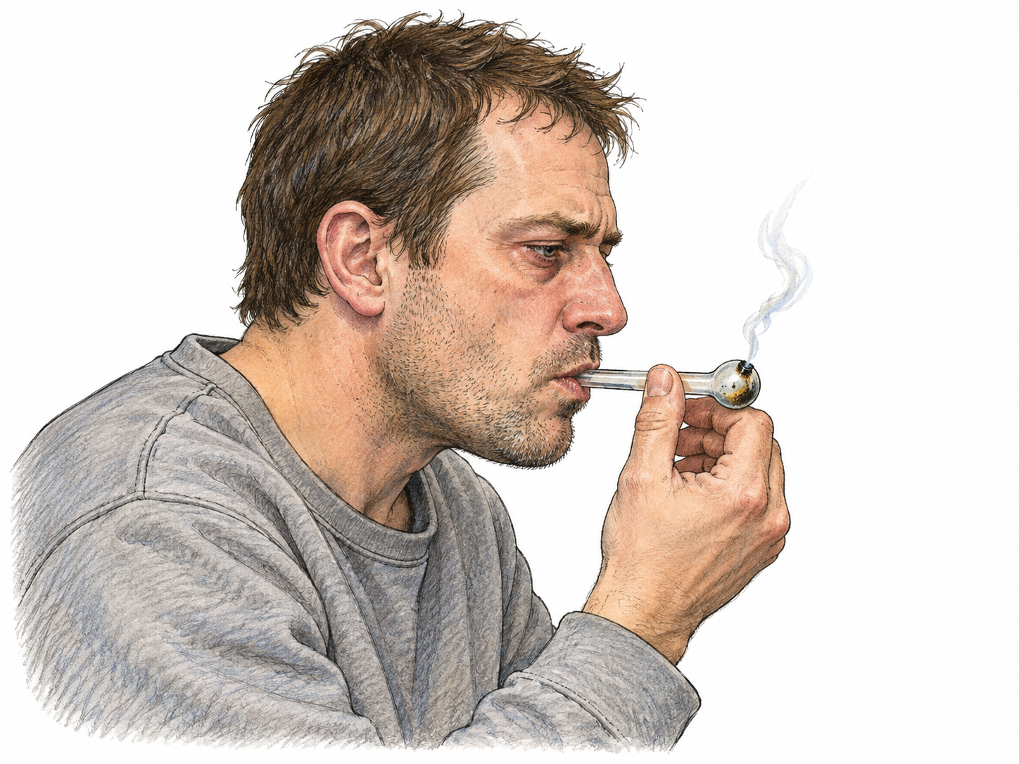 Sober non-glamorizing public-health vignette: adult smoking a small glass drug pipe in profile, tense tired expression, tiny wisp of smoke.