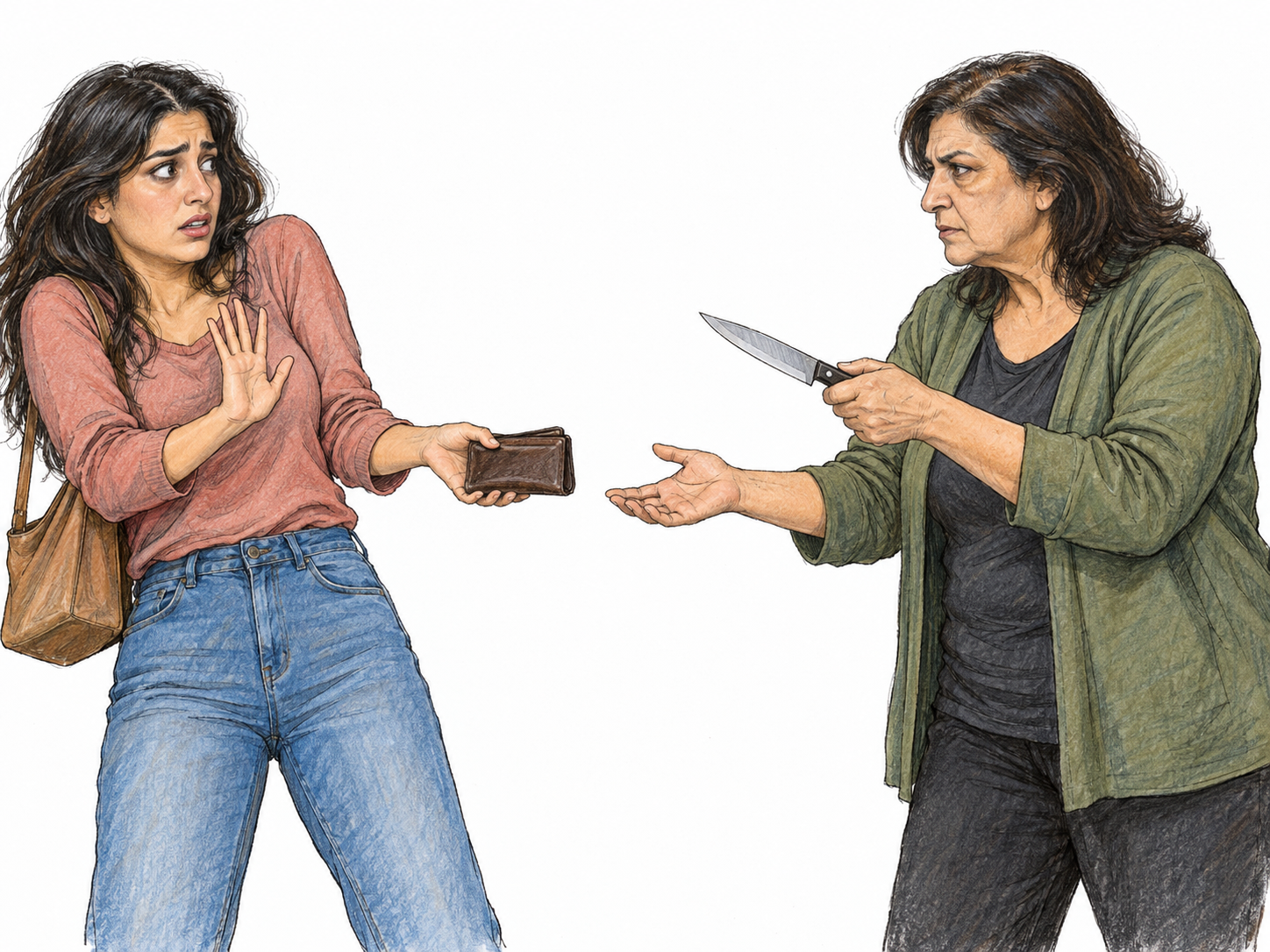 A frightened woman reluctantly hands over her wallet while another woman threatens her with a knife and holds out a demanding hand.