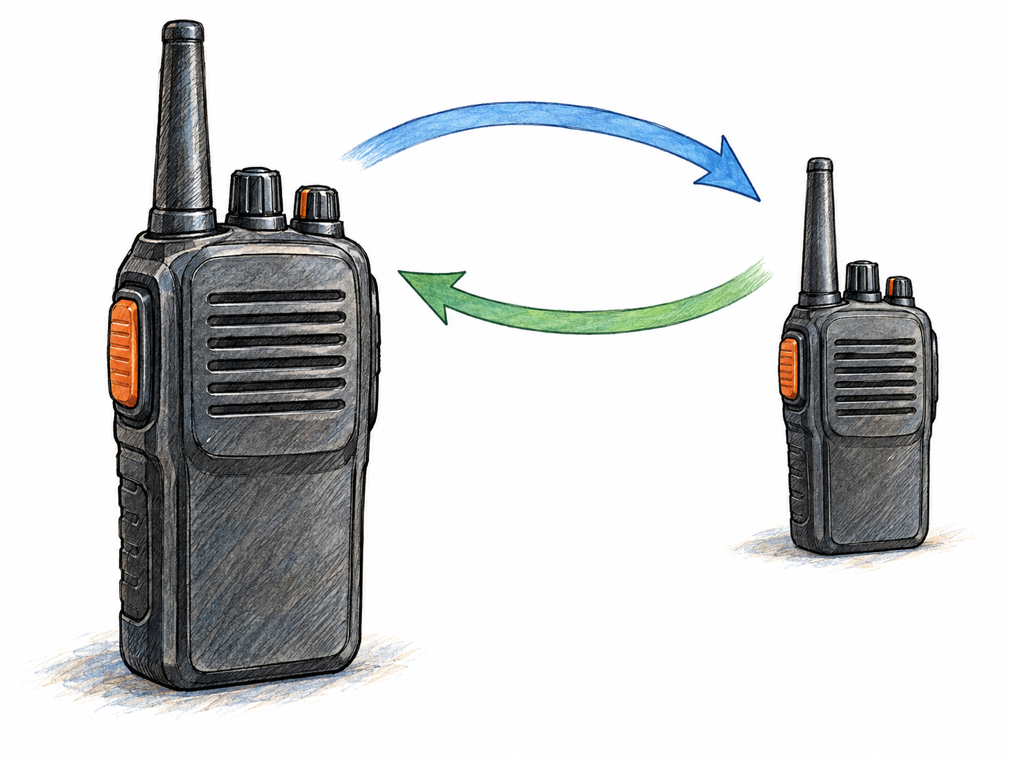 A prominent handheld two-way radio paired with a smaller matching radio, with two clearly opposed signal arrows connecting their antennas to demonstrate that the same device sends and receives.