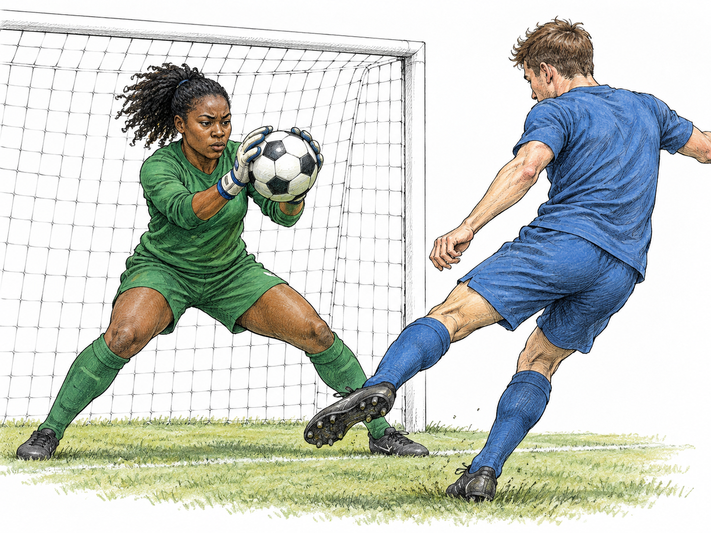A soccer goalkeeper successfully blocks an attacking shot with both gloved hands just in front of a simple goal, preventing the opposing attacker from scoring; exactly one ball, keeper and attacker, short ground strip only.