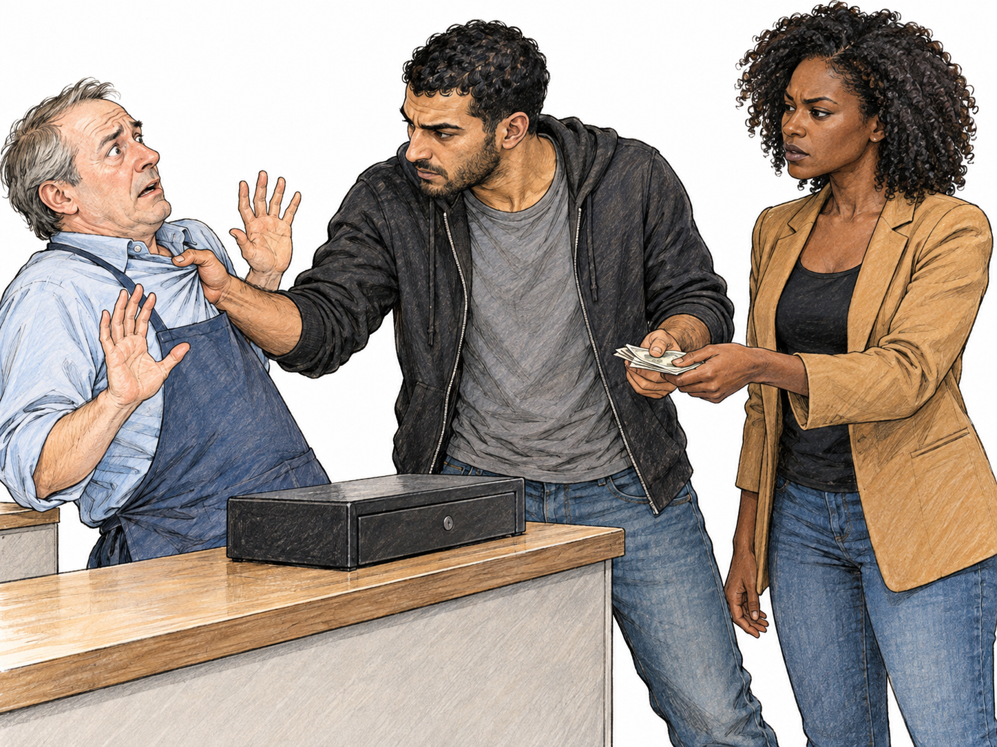 A hired enforcer accepts cash from his employer while threatening a shopkeeper, making both payment and rough intimidation visible.