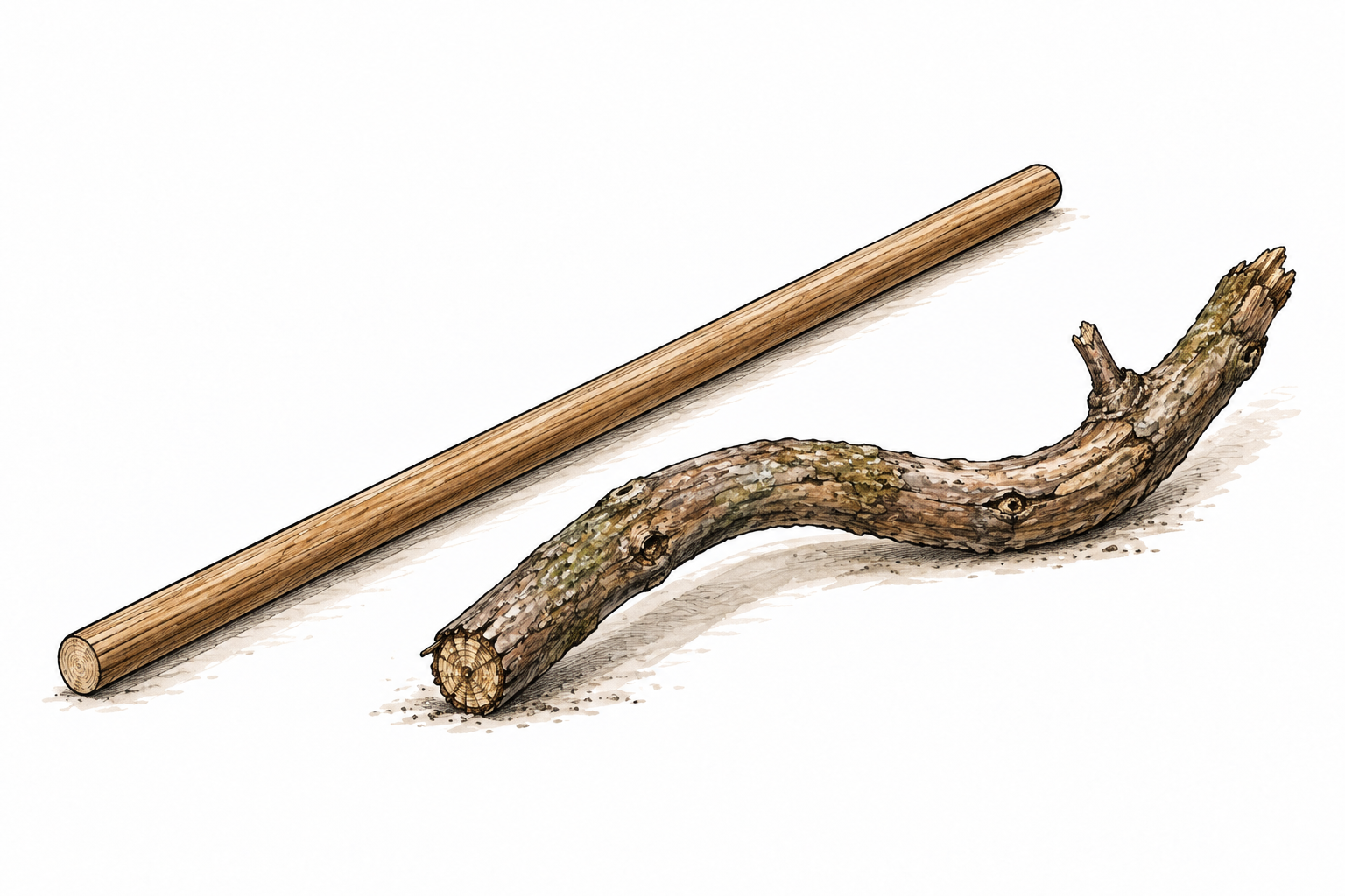 A perfectly straight wooden rod lies beside a curved branch for visible contrast, no text.