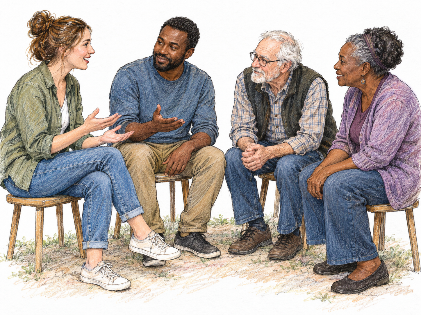 An intergenerational community gathered in a close outdoor circle, with a young woman speaking and the other members responding attentively.