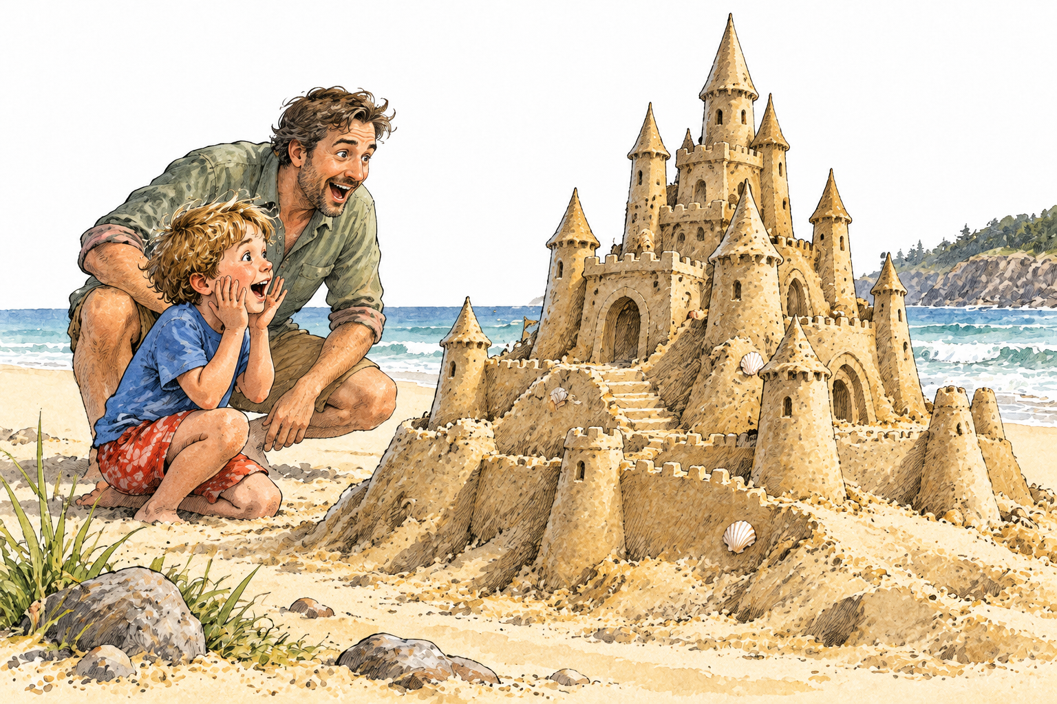 A child and parent react with delighted astonishment to a huge spectacular sandcastle, surprised expressions.
