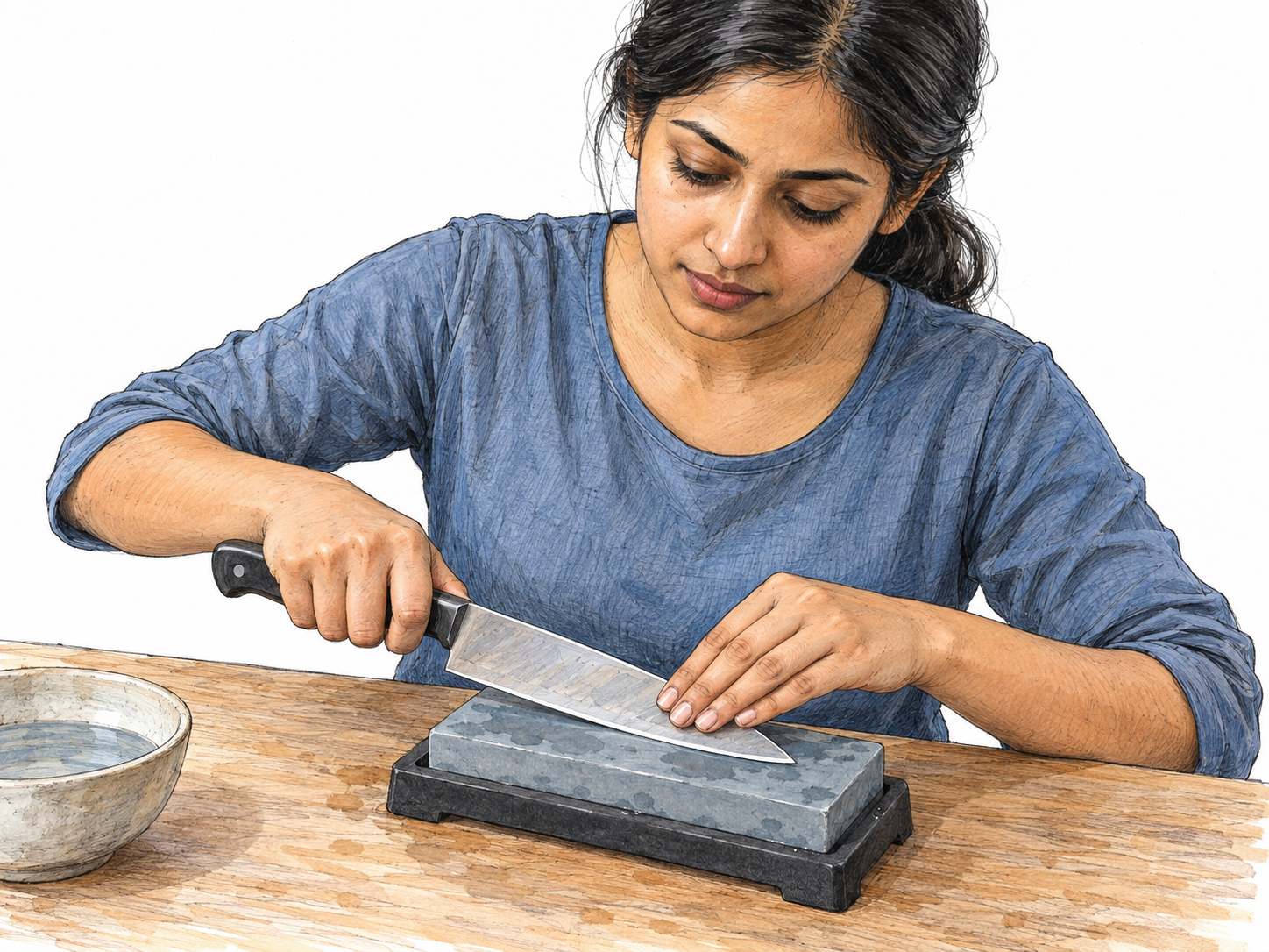 A woman hones a kitchen knife on a fine-grained whetstone, with the blade held at a shallow sharpening angle.