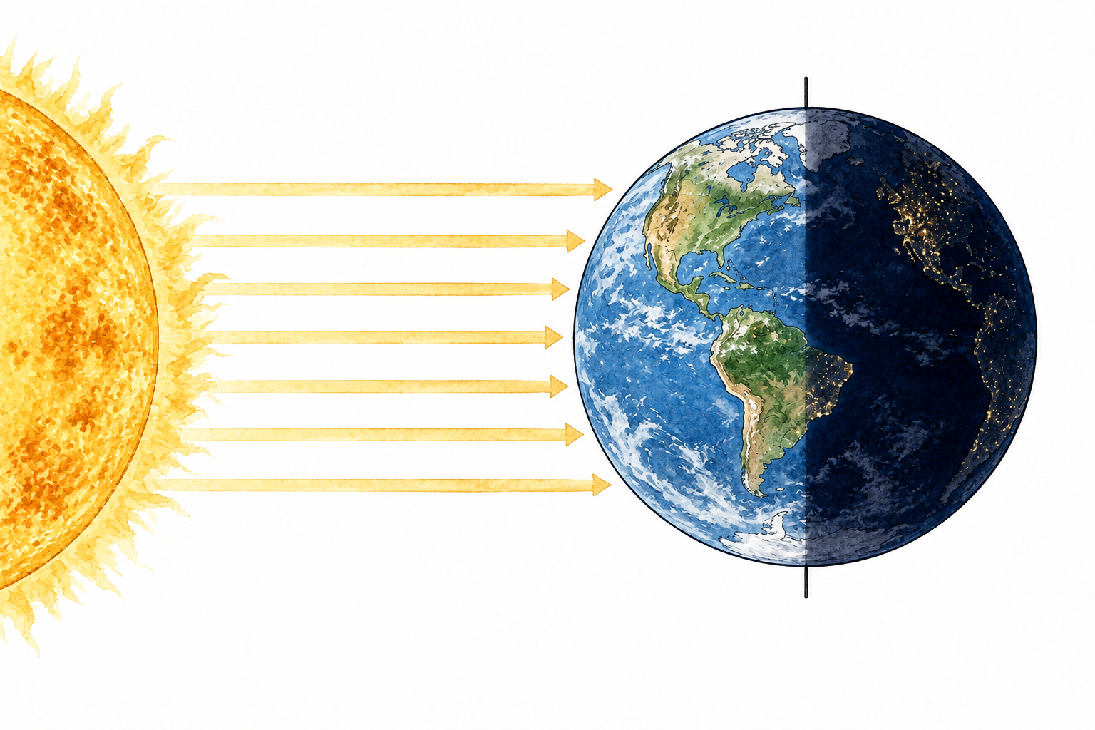 Educational equinox diagram: upright globe with poles vertical, Sun directly left at equator level; horizontal parallel rays illuminate exactly the left half, right half dark, terminator vertical through both poles.