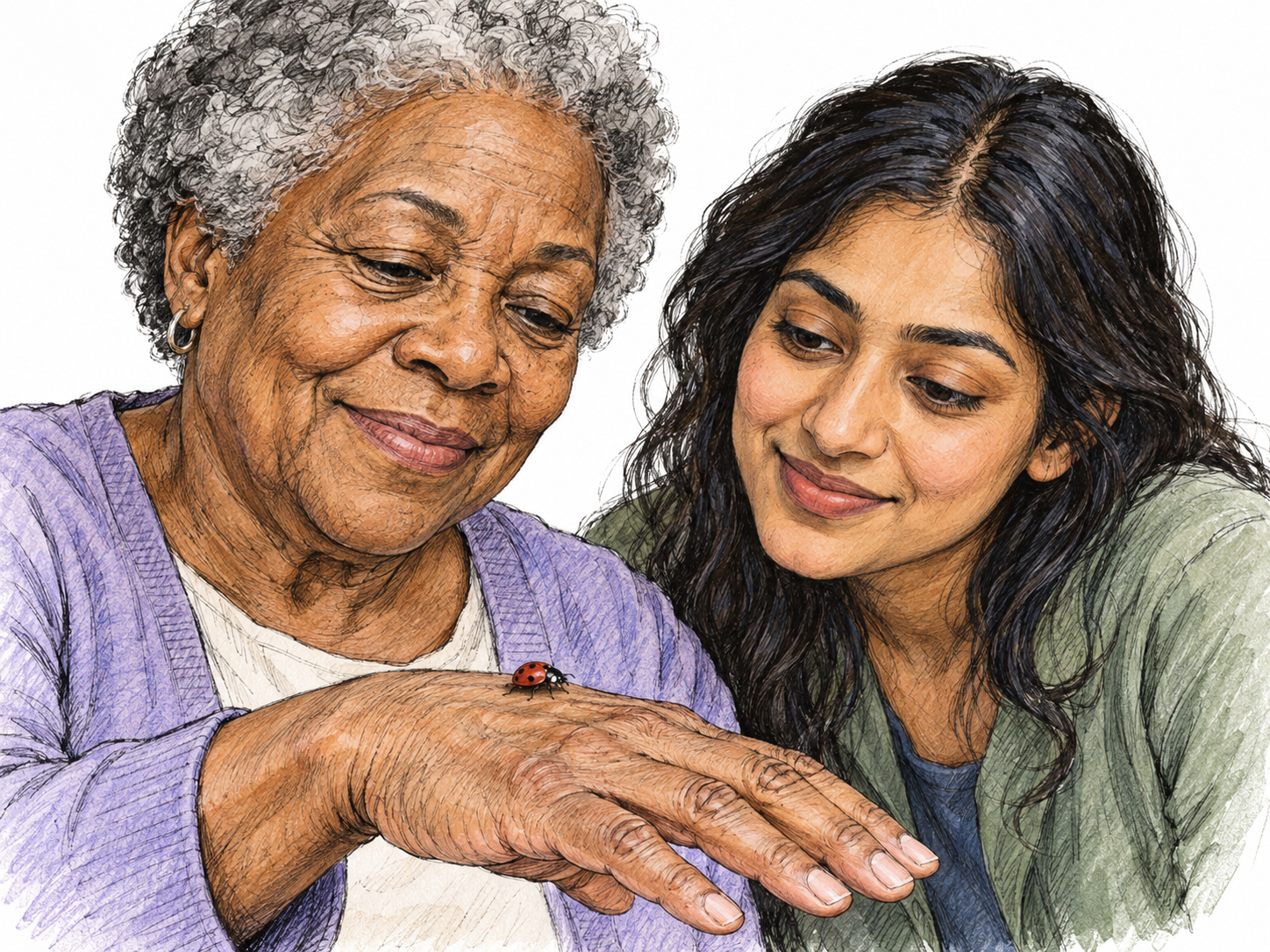 A tiny ladybug rests on an older woman's bare hand while she and a younger woman calmly examine it.