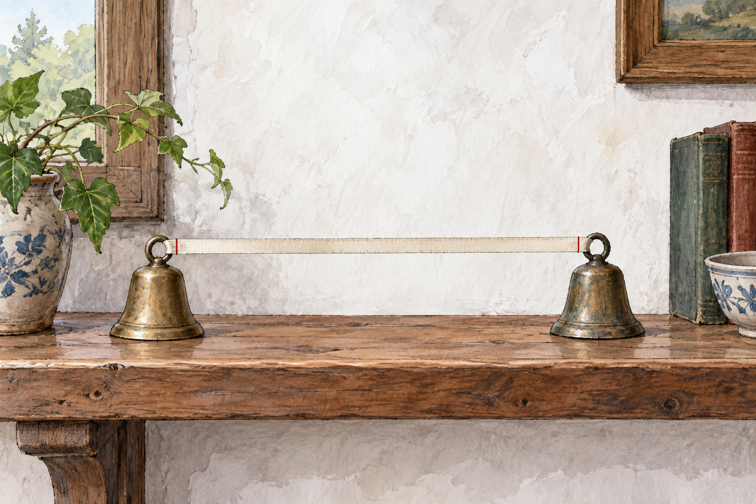 Two small bells on a shelf with a clear empty gap between them, a measuring ribbon with only two tiny endpoint marks bridges the interval, no numerals or prose.