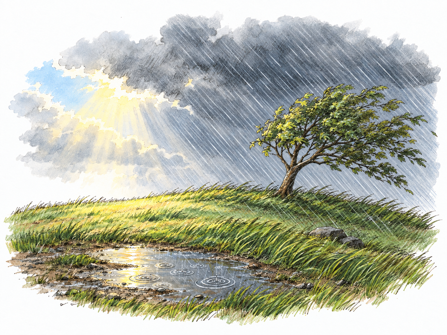 A small outdoor landscape under passing rain clouds, with slanting rain, wind-bent grass and a patch of sunlight visibly establishing the current atmospheric conditions in one place.
