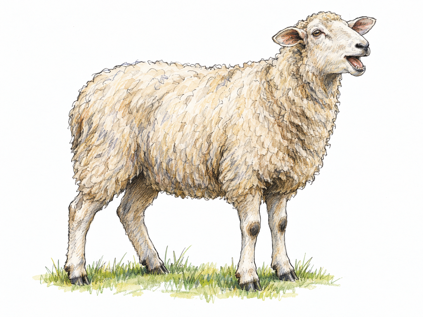 A single sheep stands in side three-quarter view with its head lifted slightly and mouth open mid-bleat, making the animal's cry the clear focus.